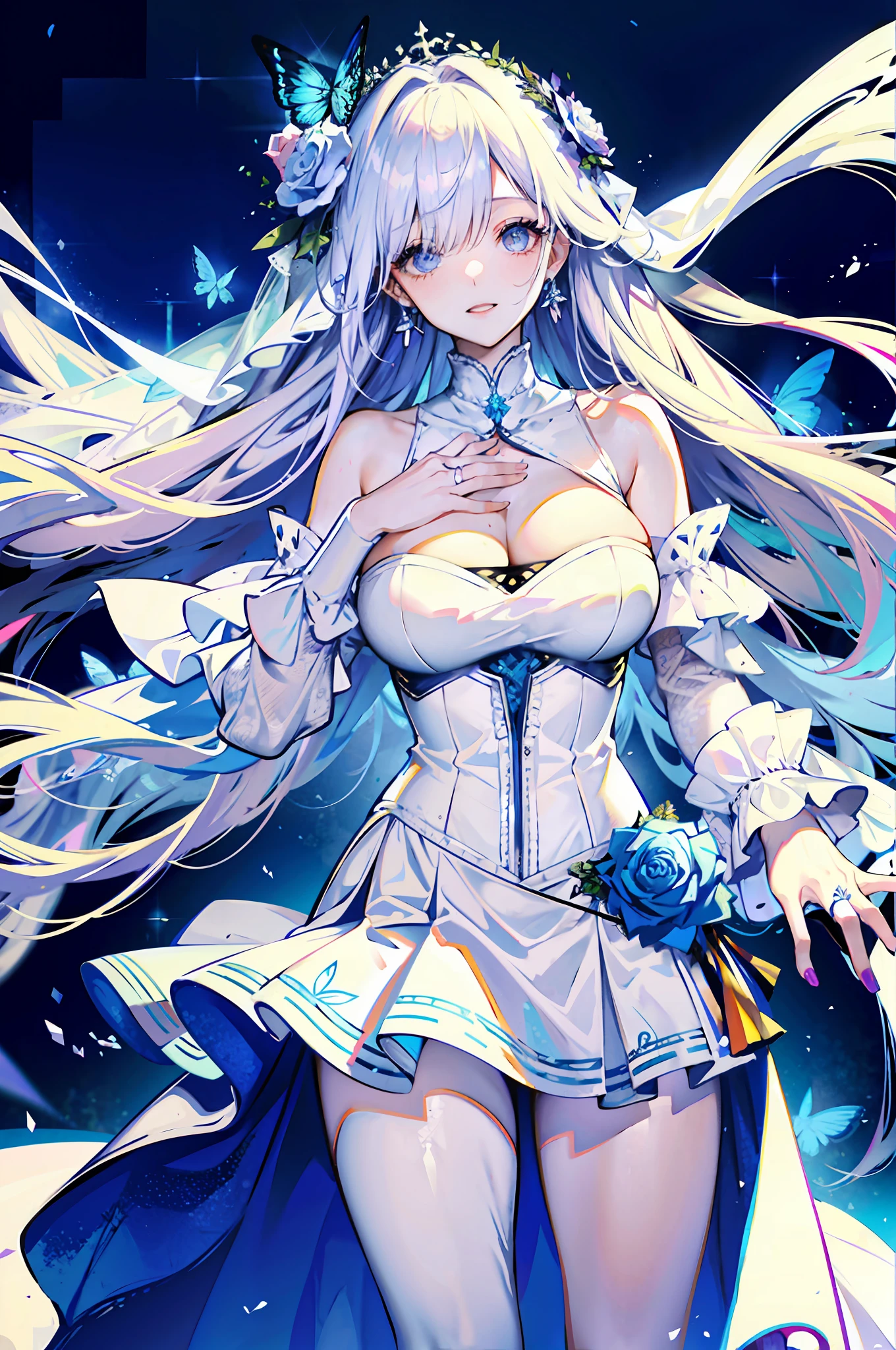 silber hair，butterflys，long whitr hair，white wedding gown，8k wallpaper，detailedbackground，Highest high resolution，deep v big breasts，Hair covers one eye，Bandeau wedding dress，chies，White rose，tight-fitting，chies，In the daytime，