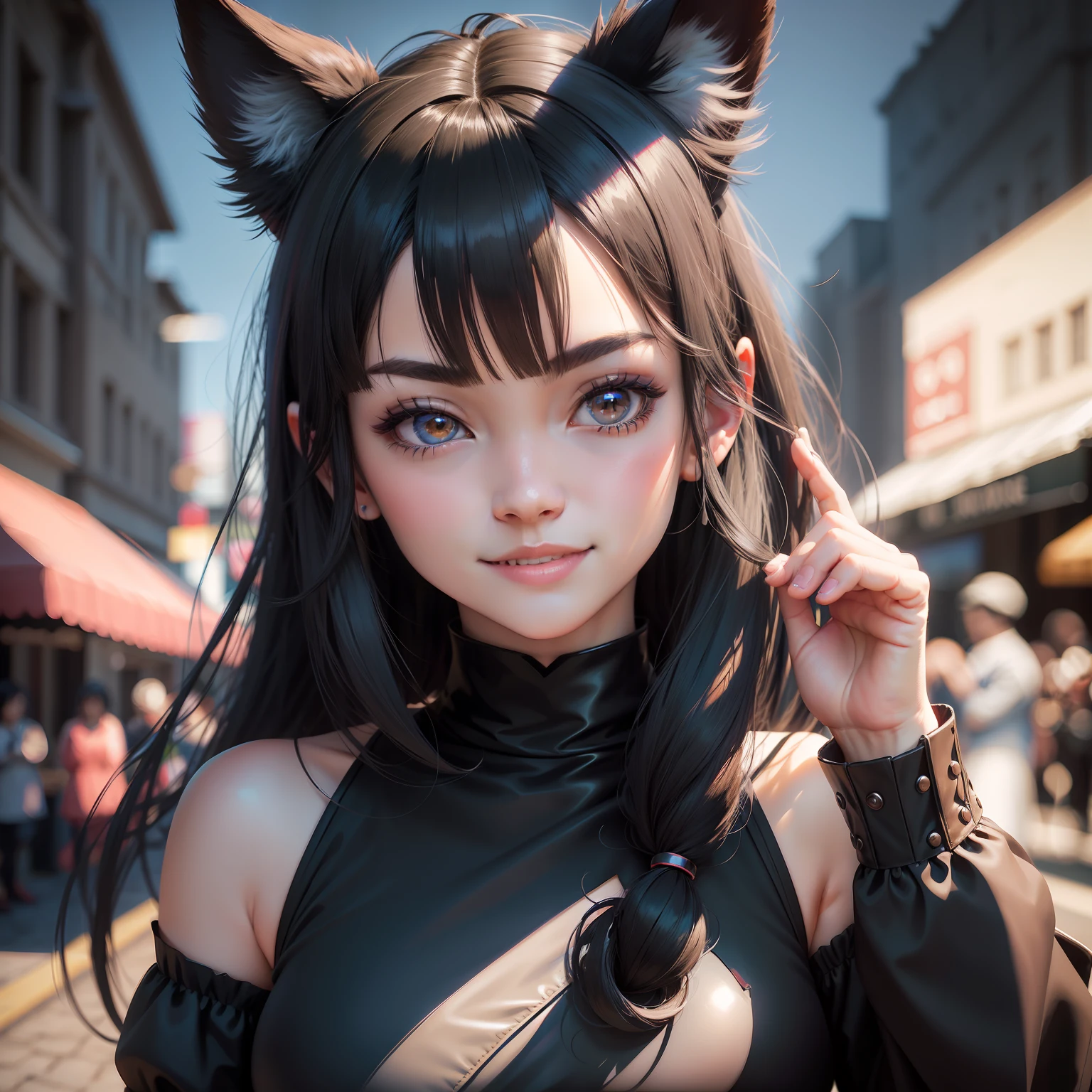 black hair, hair bobbles, wince, longeyelashes, solid circle eyes, fake animal ears, light smile, ear blush, fang, Surrealism, drop shadow, anaglyph, stereogram, tachi-e, pov, atmospheric perspective, Surrealism, Color Field painting, 8k, super detail, ccurate, best quality