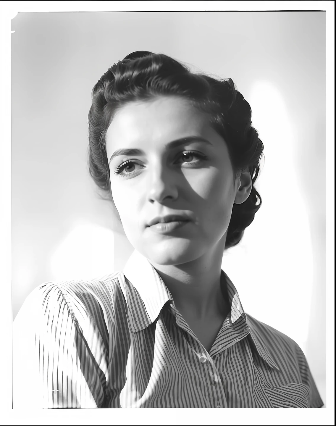 Arafed foto em preto e branco de uma mulher com uma camisa listrada, Pilar Gogar, na casa dos 20 anos, georgia o'keefe, Leonora Karrington, Directed by: Josef Capek, Foto de uma mulher, 1 9 4 0 imagem, Tamara de Lepika, andrée wallin, Directed by: Carlo Carrà