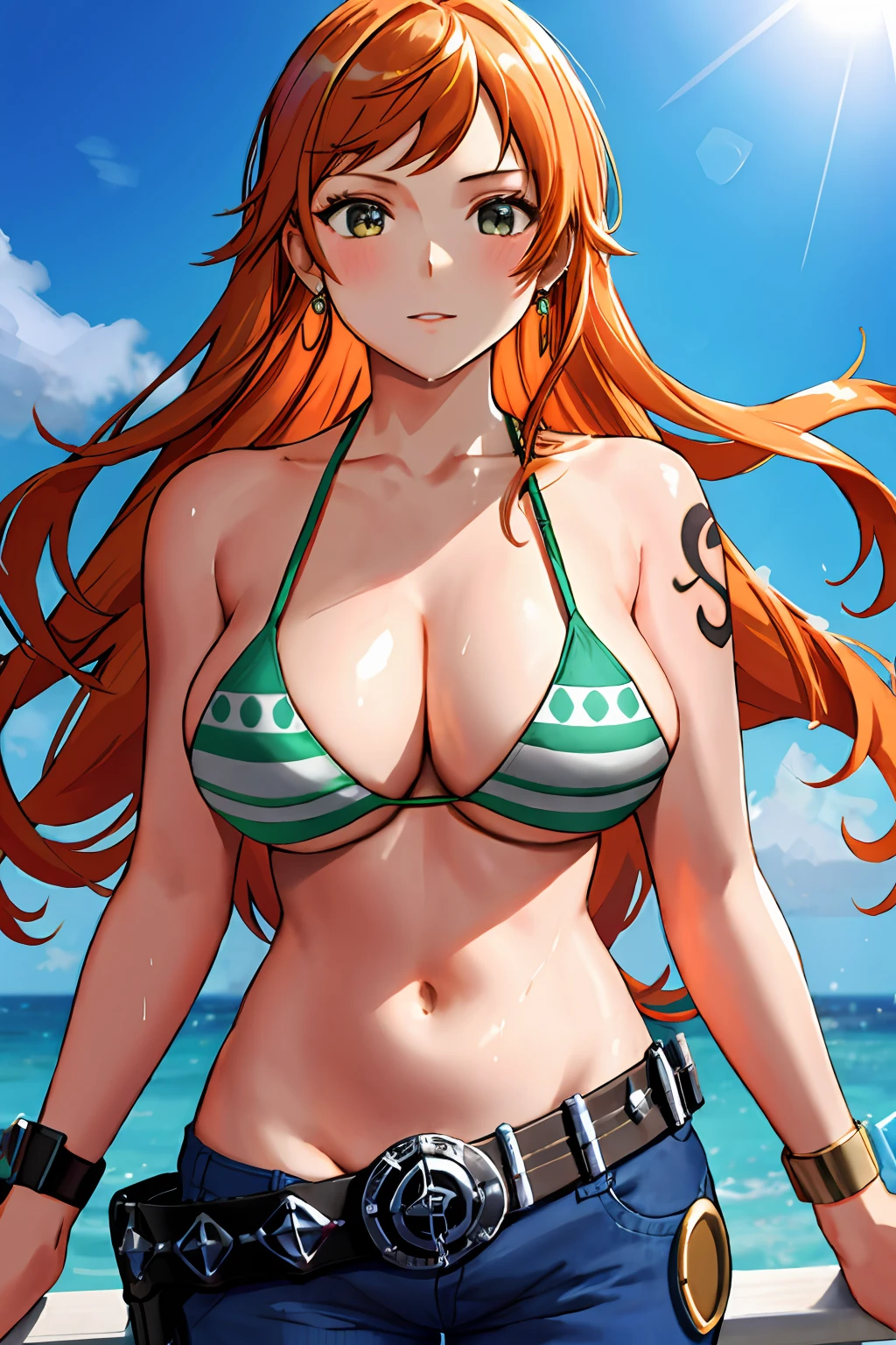 detailed background, masterpiece, 4k, best quality, adult, wrestler, 1girl, active, energic, uppercut, (large mouth) , solo, nami \(one piece\), 1girl, bangle, wet, soaked in sweat, perfect detailed face, bold drawing lines, muscular arms, detailed bold arm lines, flat jaw, adult woman, wavy wide streaked bangs, floating bang streaks, (big cheeks), bare shoulders, off-shoulders, belt, bikini, bikini top only, blue sky, bracelet, springy breasts, breast lines, big round eyes, plain big brown shiny eyes, bubble, high eye position, cleavage, cloud, day, denim, earrings, floating hair, shiny hair, green belt, green bikini, bold groin lines, jeans, jewelry, medium breasts, log pose, long hair, looking at viewer, navel, wet hair, orange hair, pants, shoulder tattoo, sidelocks, sky, solo, standing, stomach, swimsuit, tattoo , looking at viewer, open mouth, detailed left arm, big forehead, hourglass figure, small head, very happy, laughing, toned body, wide hair, wind effect, sun effect, under the sun, narrow small ears angle, older, random poses, tired