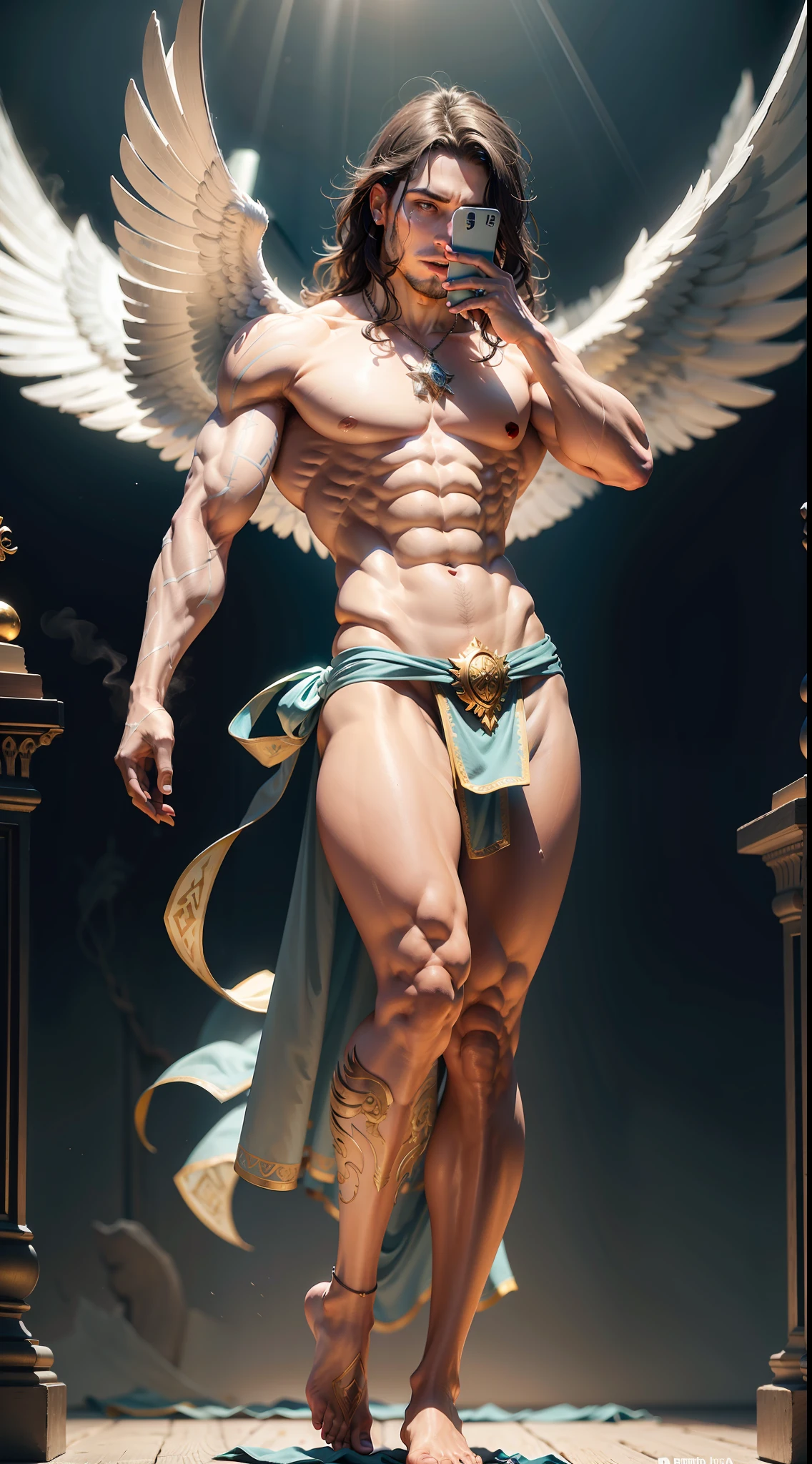 A flying angel looking to the right side with his right hand extended upwards towards something bright, perna esquerda levemente dobrada e a perna direita estendida, grandes asas brancas, corpo definido, sem roupa, only in the loincloth, deus grego, corpo inteiro, com o rosto virado para o lado direito, Full Body Head to Toe, voando, flutuando, rosto de perfil