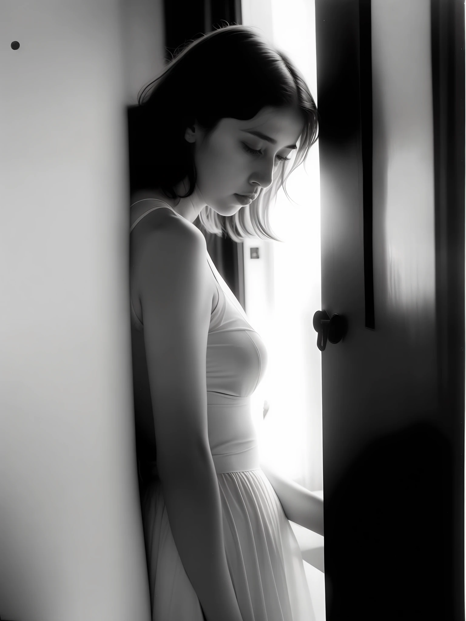Arte que transmita um sentimento de ansiedade em uma fotografia com lente de 50mm. Artistic Inspiration: Francesca Woodman. A cena mostra um quarto escuro, uma figura encolhida em um canto, sombras acentuadas e luz filtrada pela janela. The color temperature is cool, An expression of anguish on the figure's face. The atmosphere is oppressive and mysterious. --v 5 --stylize 1000
