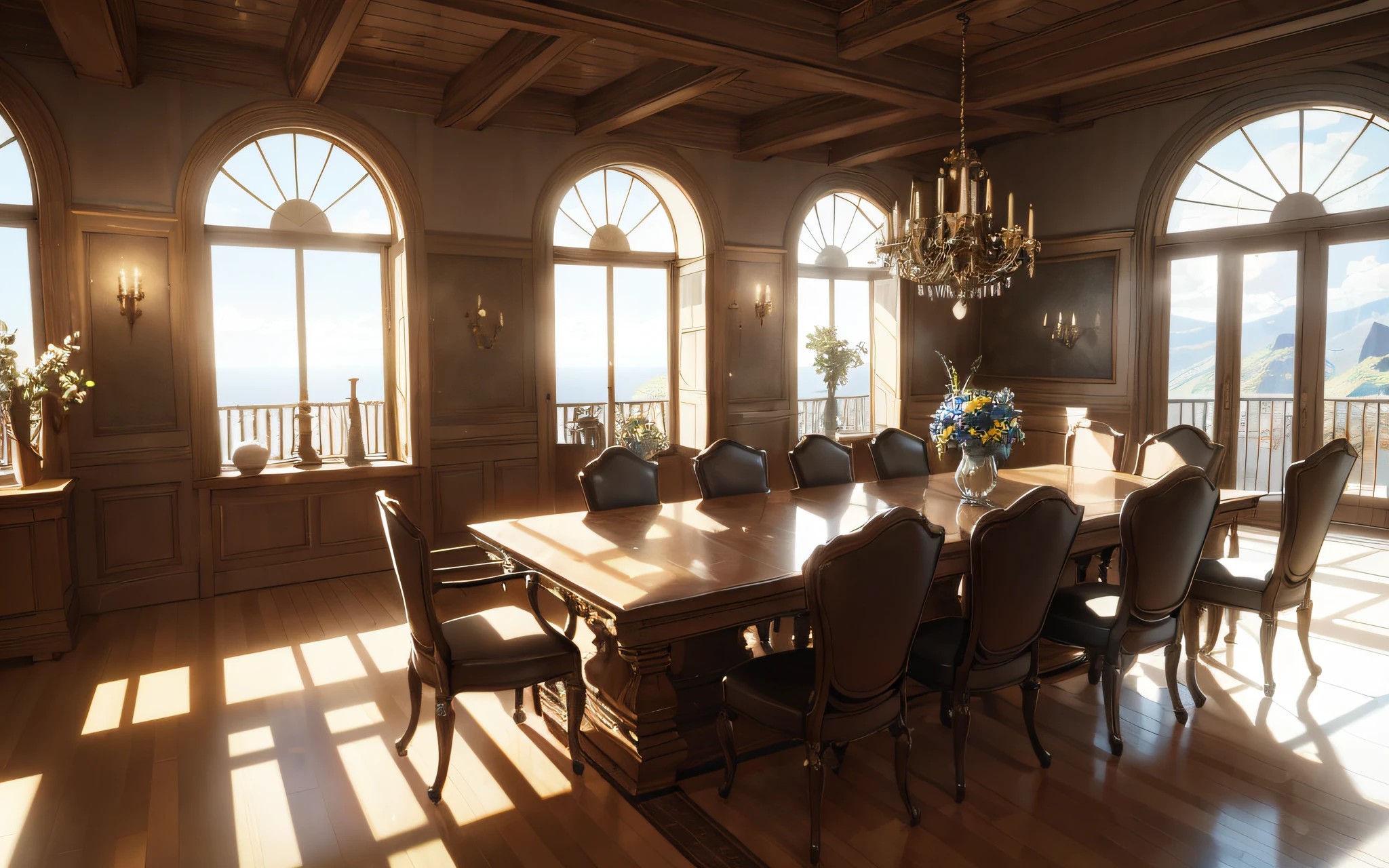 There is a breakfast table in a huge room, Large and comfortable environment, aconchegante, realistic afternoon lighting, Renderizado em corona, non-Unreal Engine 5 rendering, mesa de madeira detalhada, Afternoon lighting, [ Fotorrealismo 4K ], sol da tarde, natural Detailed Lighting, photorealistic render in octane, realistic physics rendering
