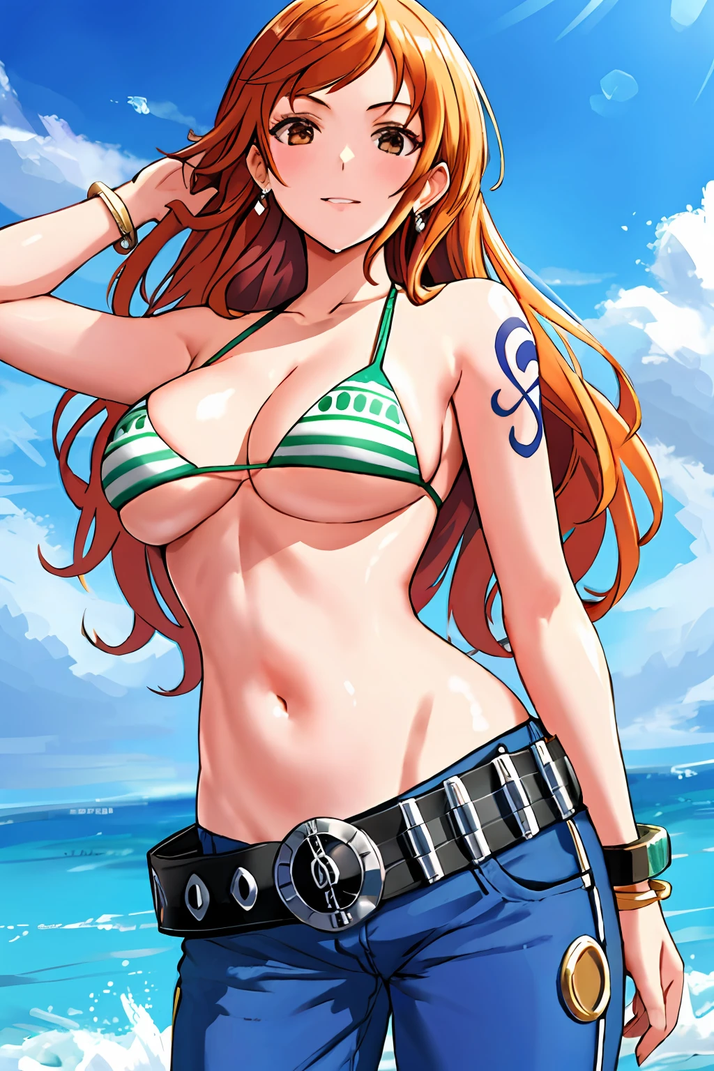 detailed background, masterpiece, 4k, best quality, adult, wrestler, 1girl, active, energic, uppercut, (large mouth) , solo, nami \(one piece\), 1girl, bangle, wet, soaked in sweat, perfect detailed face, bold drawing lines, muscular arms, detailed bold arm lines, flat jaw, adult woman, wavy wide streaked bangs, floating bang streaks, (big cheeks), bare shoulders, off-shoulders, belt, bikini, bikini top only, blue sky, bracelet, springy breasts, breast lines, big round eyes, plain big brown shiny eyes, bubble, high eye position, cleavage, cloud, day, denim, earrings, floating hair, shiny hair, green belt, green bikini, bold groin lines, jeans, jewelry, medium breasts, log pose, long hair, looking at viewer, navel, wet hair, orange hair, pants, shoulder tattoo, sidelocks, sky, solo, standing, stomach, swimsuit, tattoo , looking at viewer, open mouth, detailed left arm, big forehead, hourglass figure, small head, very happy, laughing, toned body, wide hair, wind effect, sun effect, under the sun, narrow small ears angle, older, random poses, tired