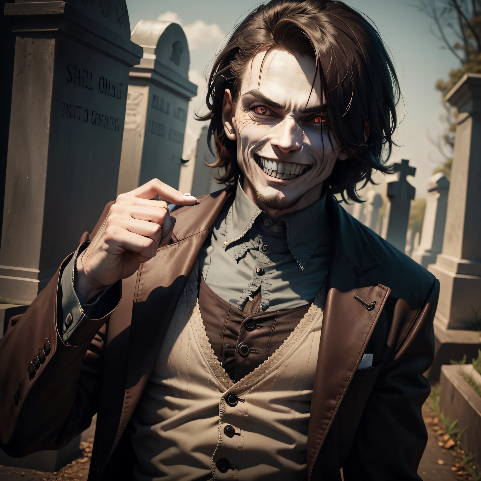 Someone smiles scary. Puts his index finger 
 The right hand is on his mouth and he points with the left hand to a cemetery