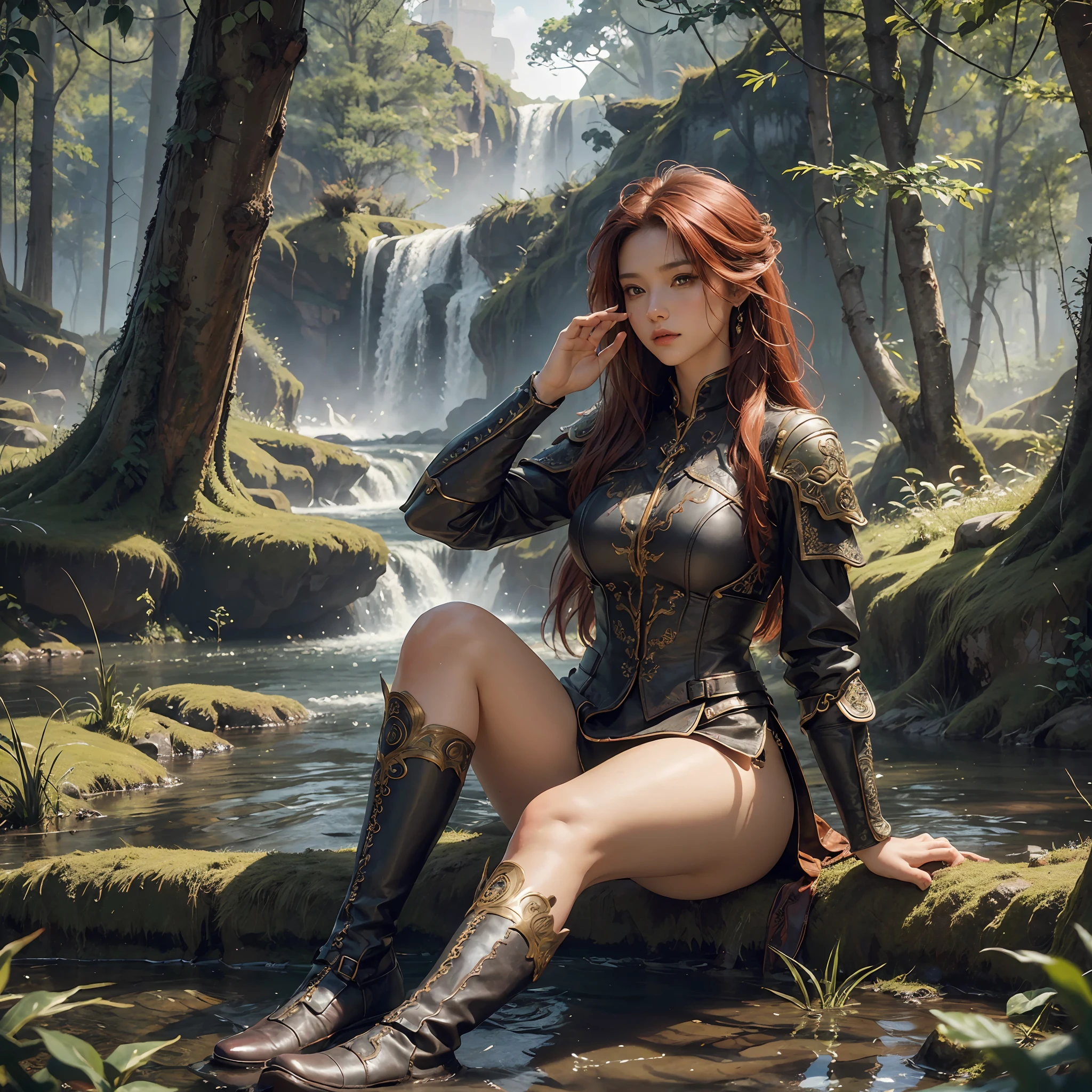 high details, best quality, 8k, [ultra detailed], masterpiece, best quality, (extremely detailed), dynamic angle, ultra wide shot, RAW, photorealistic, fantasy art, dnd art, rpg art, realistic art, a wide angle picture of a female human ranger and a fox 1.4 intricate details, Masterpiece, best quality), warrior of nature, fighter of nature, full body, [[anatomically correct]]. dynamic position (1.5 intricate details, Masterpiece, best quality) talking to a fox (1.6 intricate details, Masterpiece, best quality) in forest (1.5 intricate details, Masterpiece, best quality), a female  wearing leather clothes (1.4 intricate details, Masterpiece, best quality), leather boots, thick hair, long hair, red hair, fair skin intense eyes, forest  background (intense details), a stream flowing in the background (1.4 intricate details, Masterpiece, best quality), dawn light, clouds (1.4 intricate details, Masterpiece, best quality), dynamic angle, (1.4 intricate details, Masterpiece, best quality) 3D rendering, high details, best quality, highres, ultra wide angle