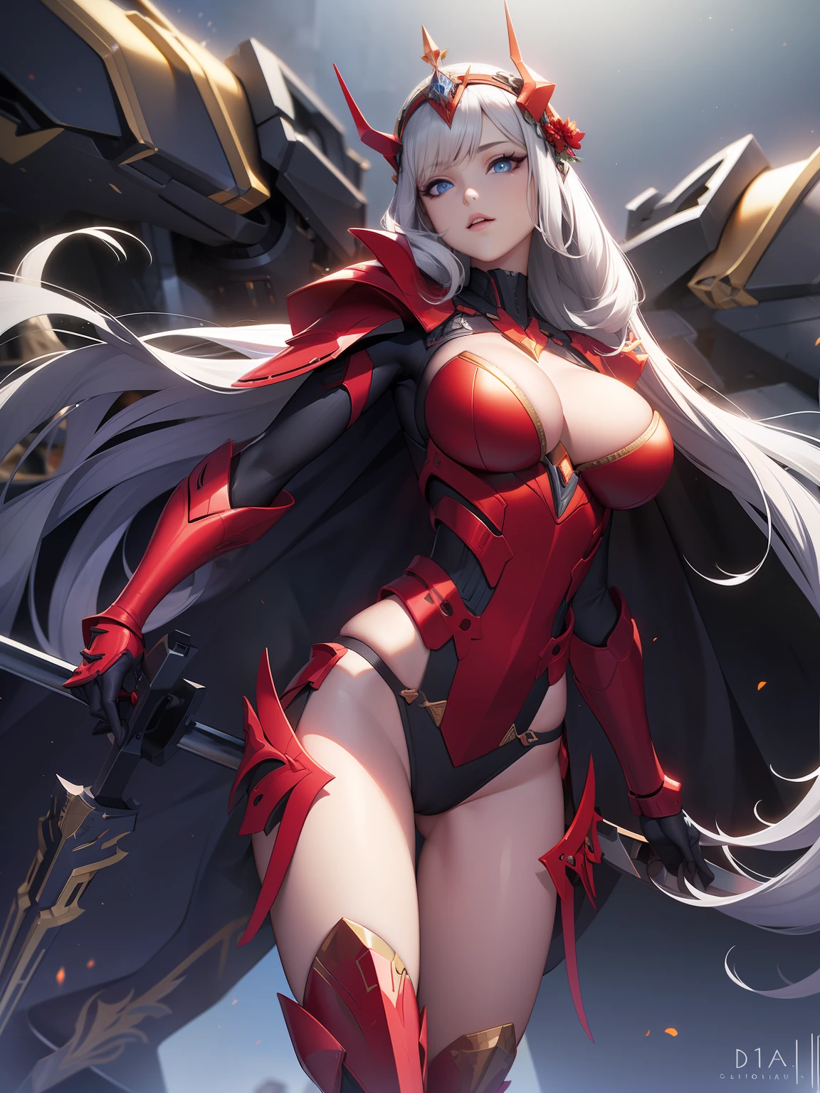 Exoskeleton mech,afofuturism,Gold and red theme style,Love Coco style,offcial art,Unity 8k wallpaper,Hyper-detailing,Master masterpieces,,Best quality at best,A woman who is,(The is very detailed),(RAW photos,best qualtiy),(Realistis,realisticlying:1.3),High- sharpness,Open Your Mouth Lightly,Ultra detailed complex 3D rendering of the face,,(highly detailedskin:1.2),(Exposing private parts,:1.1),Beautiful Caucasian Woman,Soft breasts and fair skin(toppless) ,boobgasm,Black color hair,eBlue eyes,long whitr hair,((Clear silk rope miniature bikini)),dynamic angle,Mysterious expressions,fire glow effect,Fantasy background,edge lit,Side brightness,cinematric light,hyper HD,8K,filmgrain,Best shadow,light particules,detailed skin textures,Detailed jewel armor texture,detailed face with,with intricate detail,ultra - detailed,brightly,sturdy,Silver armor,cleavage,Slender abs, have glowing weapons,Mech shield,pole,(Beautiful huge mech crown with details)),shinning eyes,long cape,fanciful,,,,,(Realistis),
