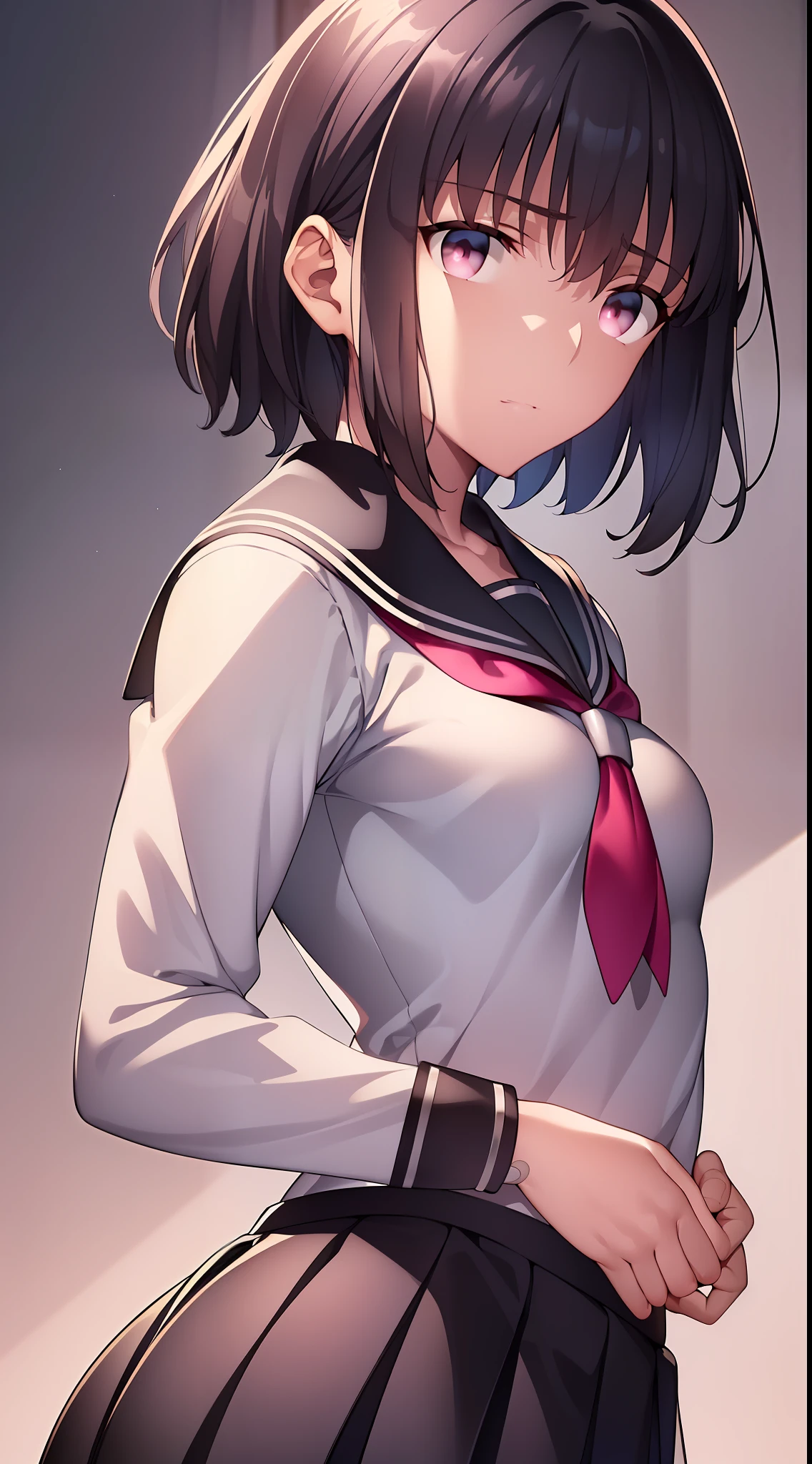 {{beautiful}}, amazing, (best quality:1.5), (masterpiece:1.5), extremely delicate and beautiful, intricate details, finely detailed, extremely detailed, beautifully detailed, ultra-detailed, (hyperdetailed:1.5), high resolution, (illustration), watercolor pencil, Clear line drawing, (ufotable style:1.1), (ufotable screen cap:1.1), anime coloring, anime screencap, (latest picture), backlighting, dynamic angle, glow, depth of field, {{body satisfaction}}, (body with a good balance of style:1.5), (slender figure:1.5), perfect body, perfect hands, perfect feet, (two arms:1.2), (two legs:1.2), (five fingers each:1.2), (perfect joint:1.2), perfect joint movement, beautiful detailed eyes, (detailed eyes:1.5), finely detailed eyes, perfect anatomy, full dissection, perfect composition, correct limbs, balance and coordination in all things, realistic:0.5, precise fingers and hands, (finely drawn hair:1.5), {{shy girl}}, (black hair:1.3), (short hair:1.3), (straight hair:1.3), bangs, (pink eyes:1.3), (medium :1.3), (small-sized buttock{{sailor suit}}, (sailor collar:1.3), (white long sleeved shirt:1.3), (dark gray pleated skirt:1.3),