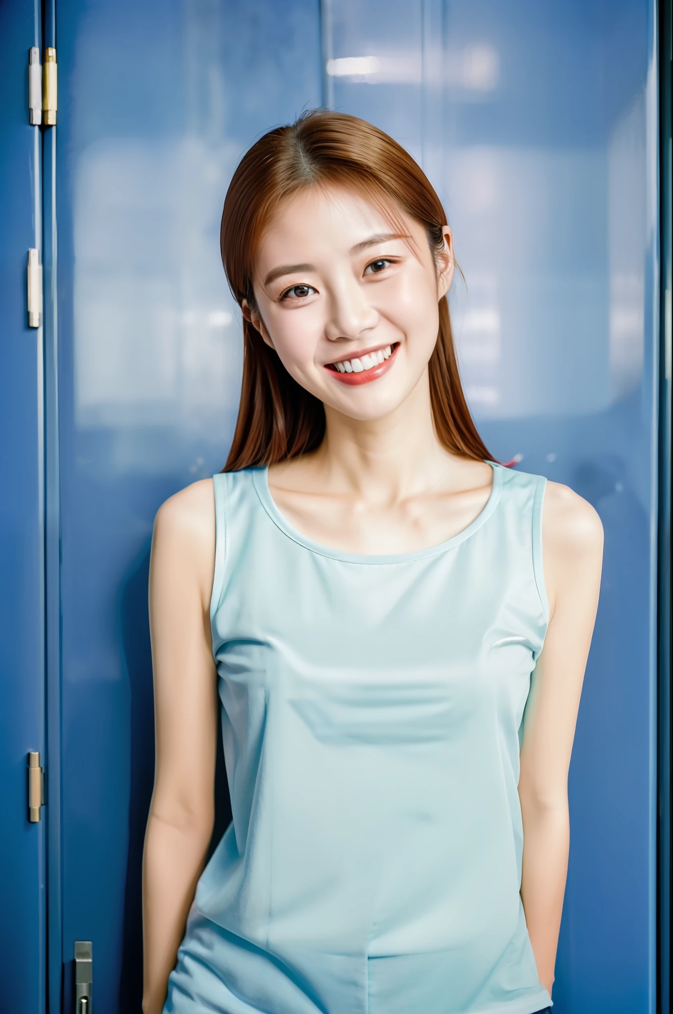 1girl, idol, depth of field, photo, film, upper body, face, skinny, smile, teeth, school, locker, (8k, RAW photo, best quality, masterpiece:1.2)