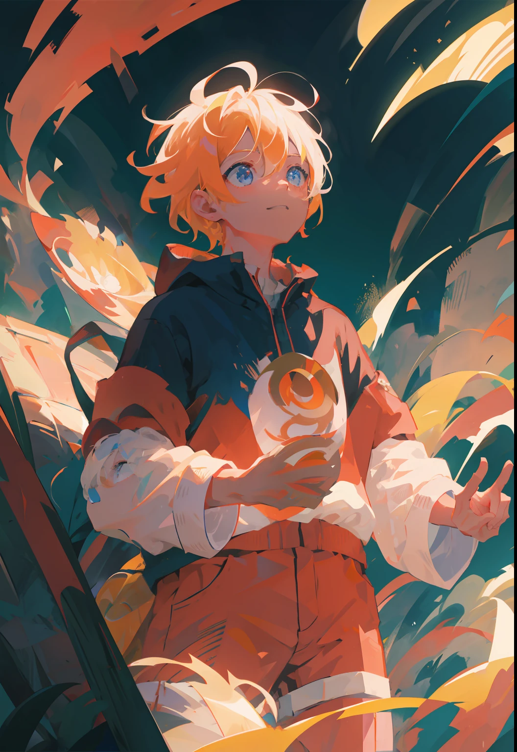 Shoto Todoroki, 1child, Obra maestra, La mejor calidad,Parte superior del cuerpo,retrato, Mirando al espectador,cerrar, sol, novel illustration,primer plano borroso, Llamas de fuego (sonriente)