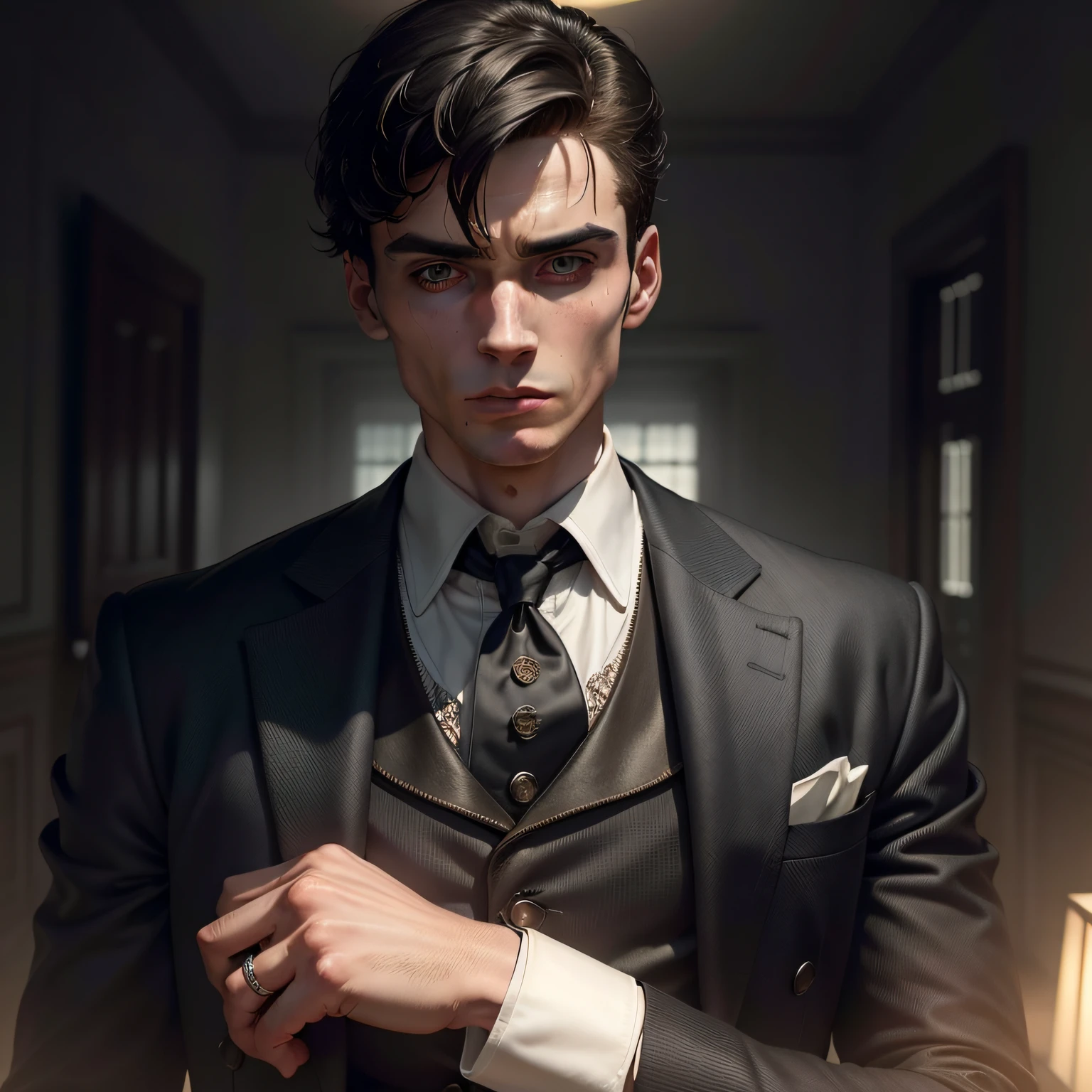 Uma imagem de Thomas Shelby, interpretado pelo ator ingles Cillian Murphy, Homem de meia idade perto dos 50 anos, Highlight with your classic black suit ,corte de cabelo undercut olhos azuis penetrantes e look determinado. Ao redor do seu rosto, podemos adicionar elementos como uma lupa (representando foco), An antique clock (symbolizing time management) Hyper realistic high-resolution image with a dark background of ancient England set in the Peaky Blinders series (((8k, Foto RAW, melhor qualidade, obra-prima: 1.4))), ultra high-resolution, Ultra Detalhado,