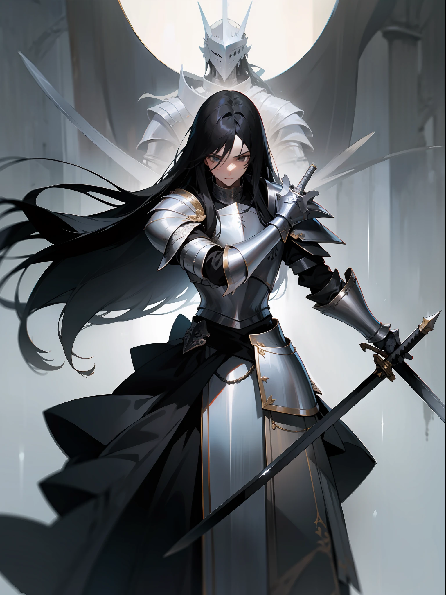 tall male knight, long black hair, silver and black armour, holding a long sword