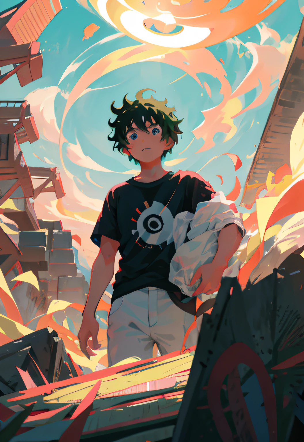 Izuku Midoriya, 1child, Obra maestra, La mejor calidad,Parte superior del cuerpo,retrato, Mirando al espectador,cerrar, Camisa blanca, sol, novel illustration, primer plano borroso, Llamas de fuego (sonriente)