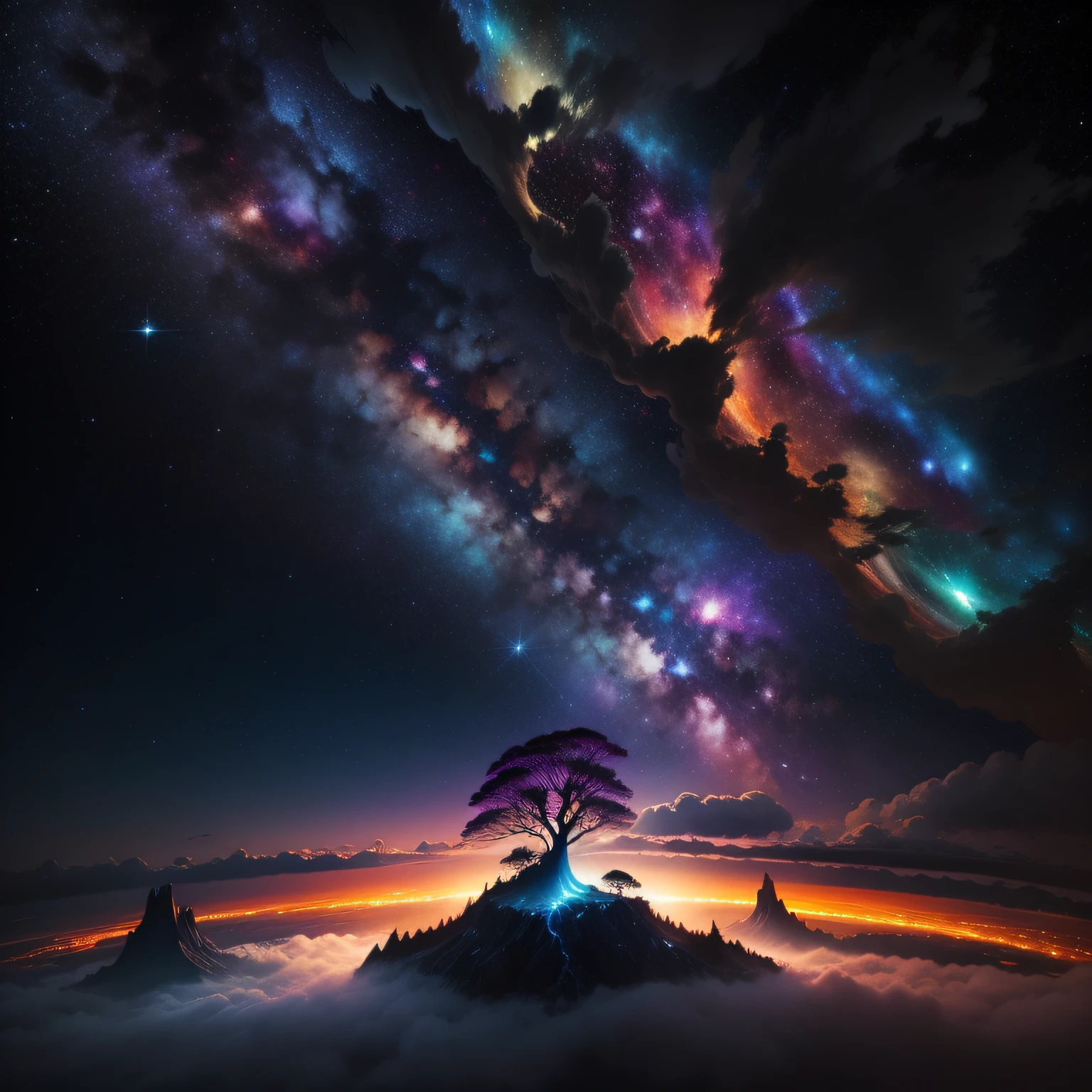 A vibrant galaxy sky filled with a kaleidoscope of colors, a towering tree silhouetted against the night, a dramatic atmosphere of swirling clouds, a majestic flying island, and a cascading waterfall.