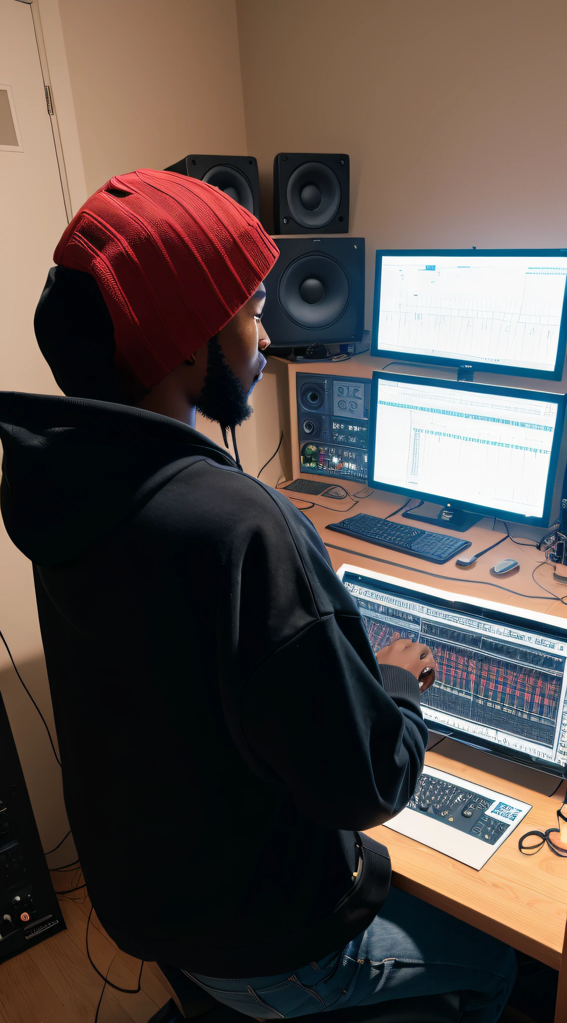 a man with a hoodie who making music beats in his studio, back side photo