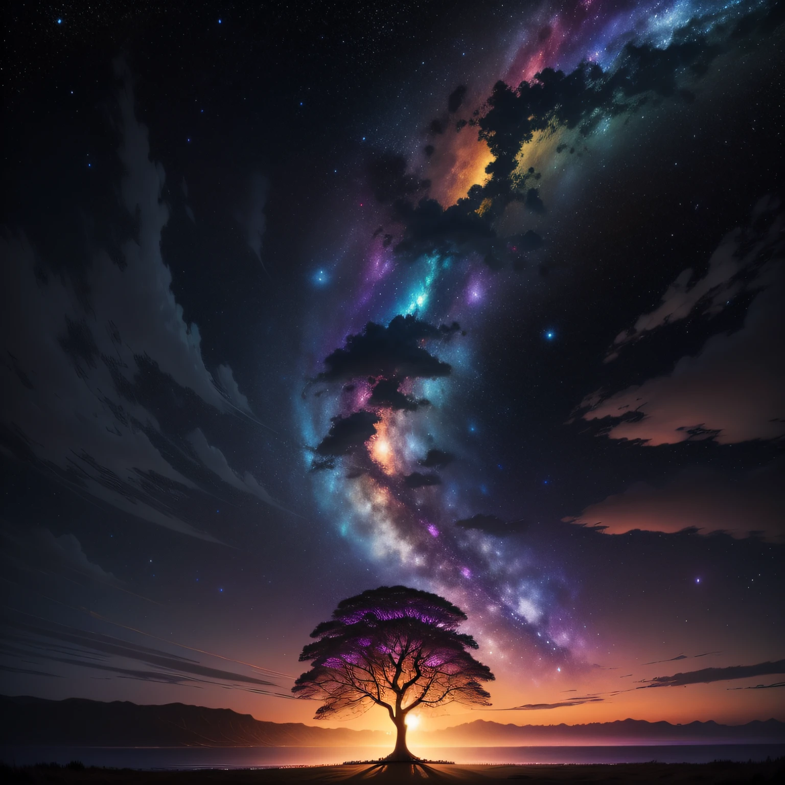 A vibrant galaxy sky filled with a kaleidoscope of colors, a towering tree silhouetted against the night, a dramatic atmosphere of swirling clouds, a majestic flying island, and a cascading waterfall.