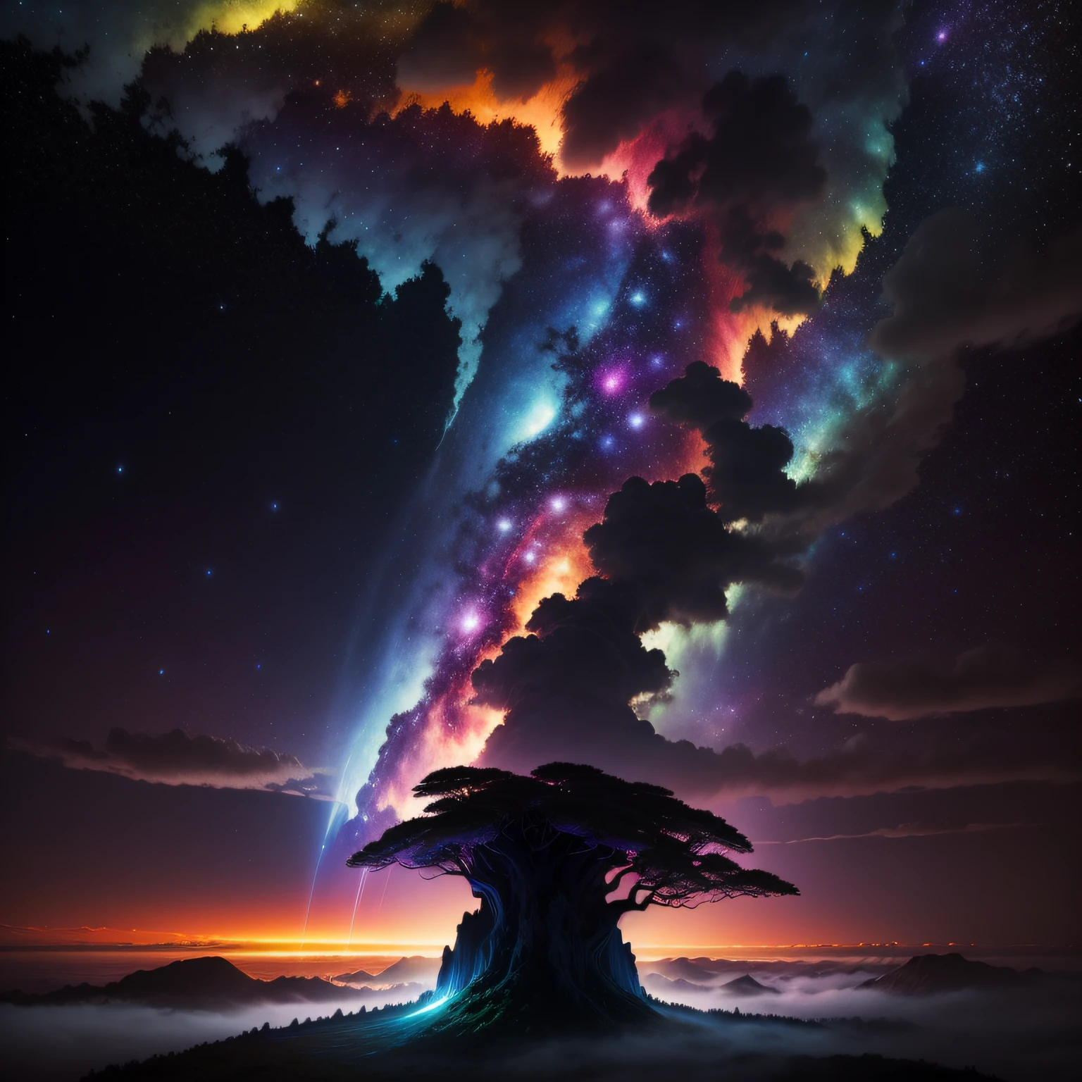 A vibrant galaxy sky filled with a kaleidoscope of colors, a towering tree silhouetted against the night, a dramatic atmosphere of swirling clouds, a majestic flying island, and a cascading waterfall.