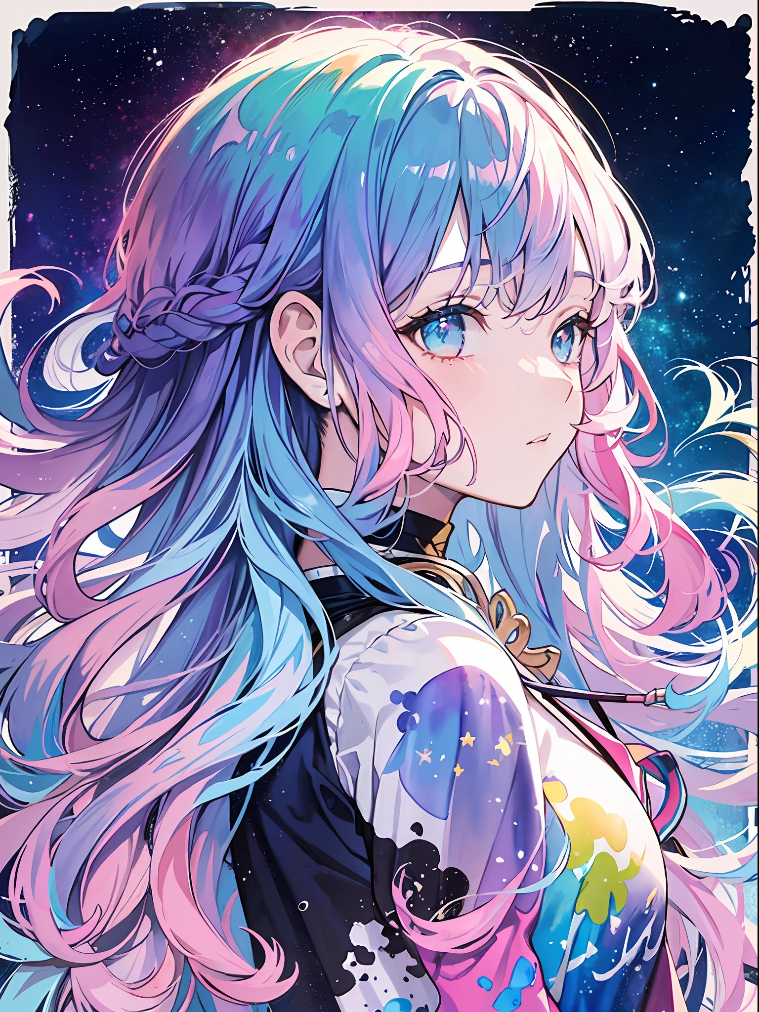 (masterpiece、top-quality、top-quality、watercolor paiting(Curly)、Official art、Beautifully Aesthetic:1.2)、(1girl in:1.3)、(Fractal Art:1.3)、The upper part of the body、From Side、looking at the viewers、patterns、(rainbow-colored hair、colourful hair、Half blue and half pink hair:1.2)、Eau、liquids、clouds、colourfull、starrysky、stele、Splashes of bright colors、Rough kanji、