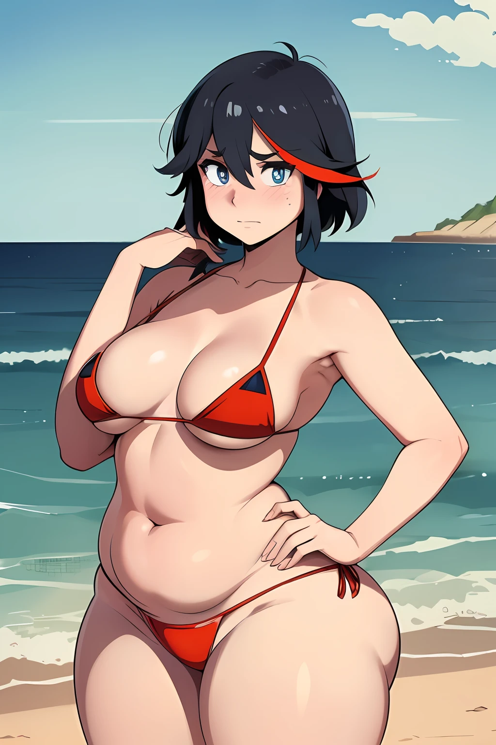 ((kipteitei)), ((masterpiece)), (((best quality))), ((ultra-detailed)), (((illustration))), detailed face, ultra cute face, detailed body, ((Line art)), (in the style of cell shaded), (vivid colors), skindentation, ((1girl)), ((solo)), matoi ryuuko, side tie bikini, undersized bikini, hand on hip, looking at viewer, cowboy shot, blushing, embarrassed, standing on beach, medium breasts, perky breasts, ((wide hips)), (((thick thighs))), thicc, ((fat ass)), ((chubby)), (fat folds),