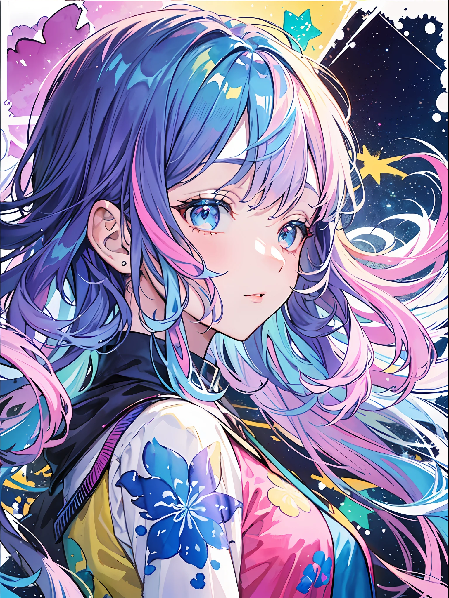 (masterpiece、top-quality、top-quality、watercolor paiting(Curly)、Official art、Beautifully Aesthetic:1.2)、(1girl in:1.3)、(Fractal Art:1.3)、The upper part of the body、From Side、looking at the viewers、patterns、(rainbow-colored hair、colourful hair、Half blue and half pink hair:1.2)、Eau、liquids、clouds、colourfull、starrysky、stele、Splashes of bright colors、Rough kanji、