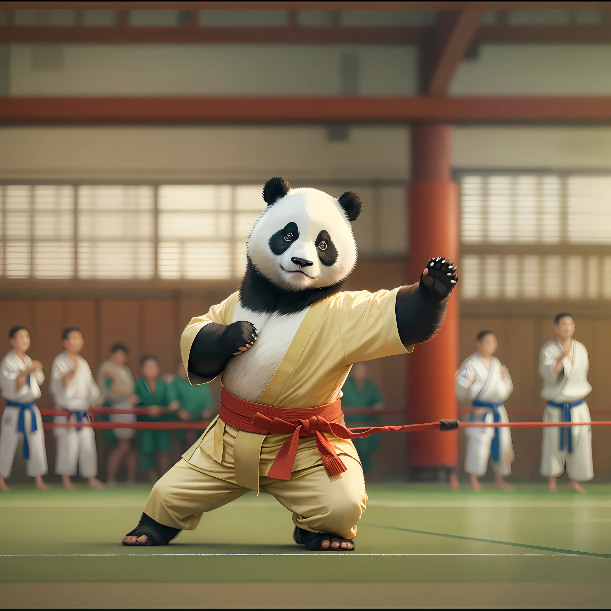 A panda doing Kung-fu, kimono, dojo. sport arena. Animal sport event.
