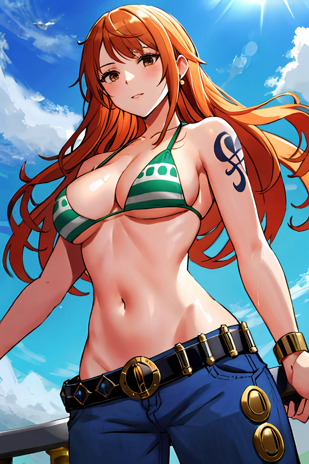 detailed background, masterpiece, 4k, best quality, adult, wrestler, 1girl, active, energic, uppercut, (large mouth) , solo, nami \(one piece\), 1girl, bangle, wet, soaked in sweat, perfect detailed face, bold drawing lines, muscular arms, detailed bold arm lines, flat jaw, adult woman, wavy wide streaked bangs, floating bang streaks, (big cheeks), bare shoulders, off-shoulders, belt, bikini, bikini top only, blue sky, bracelet, springy breasts, breast lines, big round eyes, plain big brown shiny eyes, bubble, high eye position, cleavage, cloud, day, denim, earrings, floating hair, shiny hair, green belt, green bikini, bold groin lines, jeans, jewelry, medium breasts, log pose, long hair, looking at viewer, navel, wet hair, orange hair, pants, shoulder tattoo, sidelocks, sky, solo, standing, stomach, swimsuit, tattoo , looking at viewer, open mouth, detailed left arm, big forehead, hourglass figure, small head, very happy, laughing, toned body, wide hair, wind effect, sun effect, under the sun, narrow small ears angle, older, random poses, tired