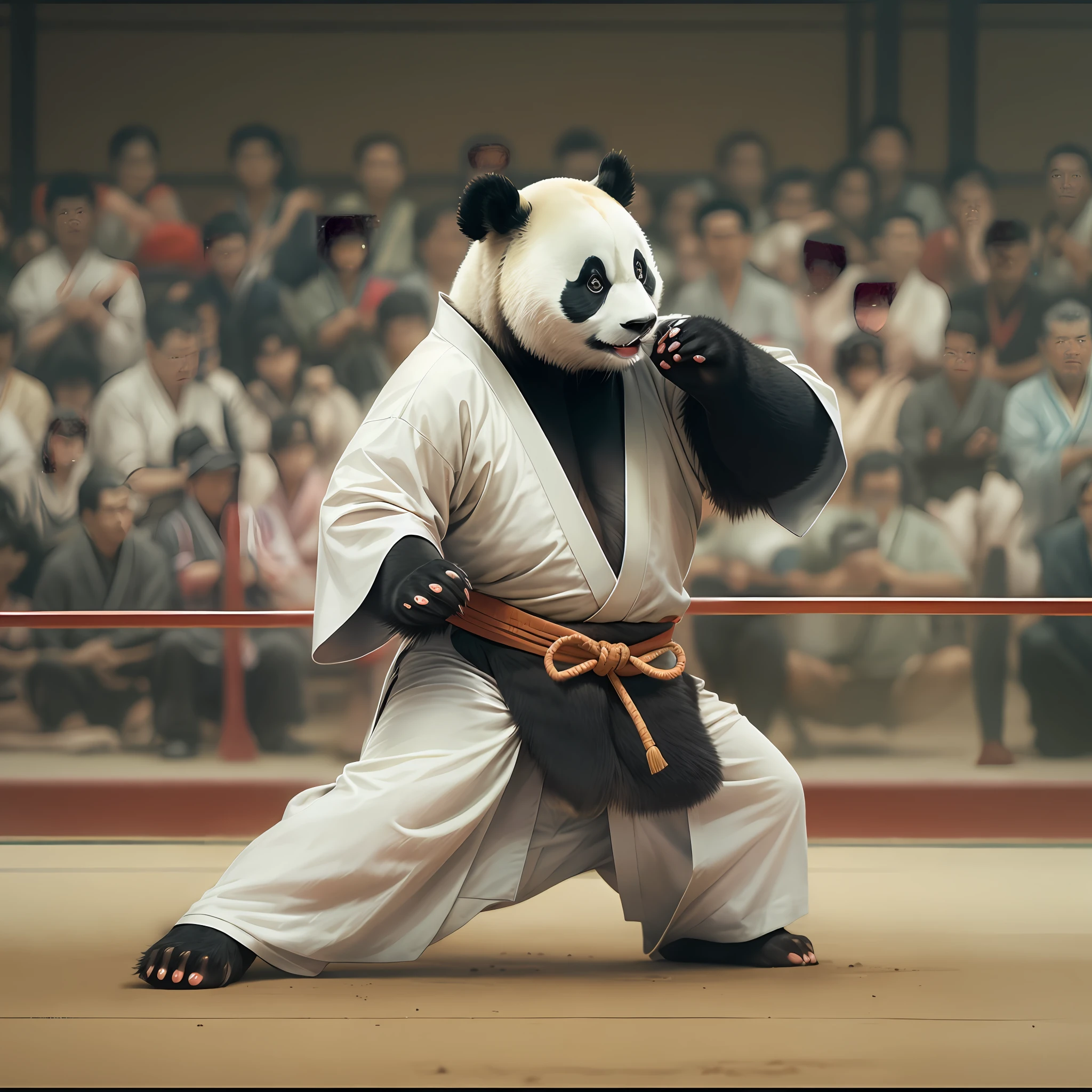 A panda doing Kung-fu, kimono, dojo. sport arena. Animal sport event.