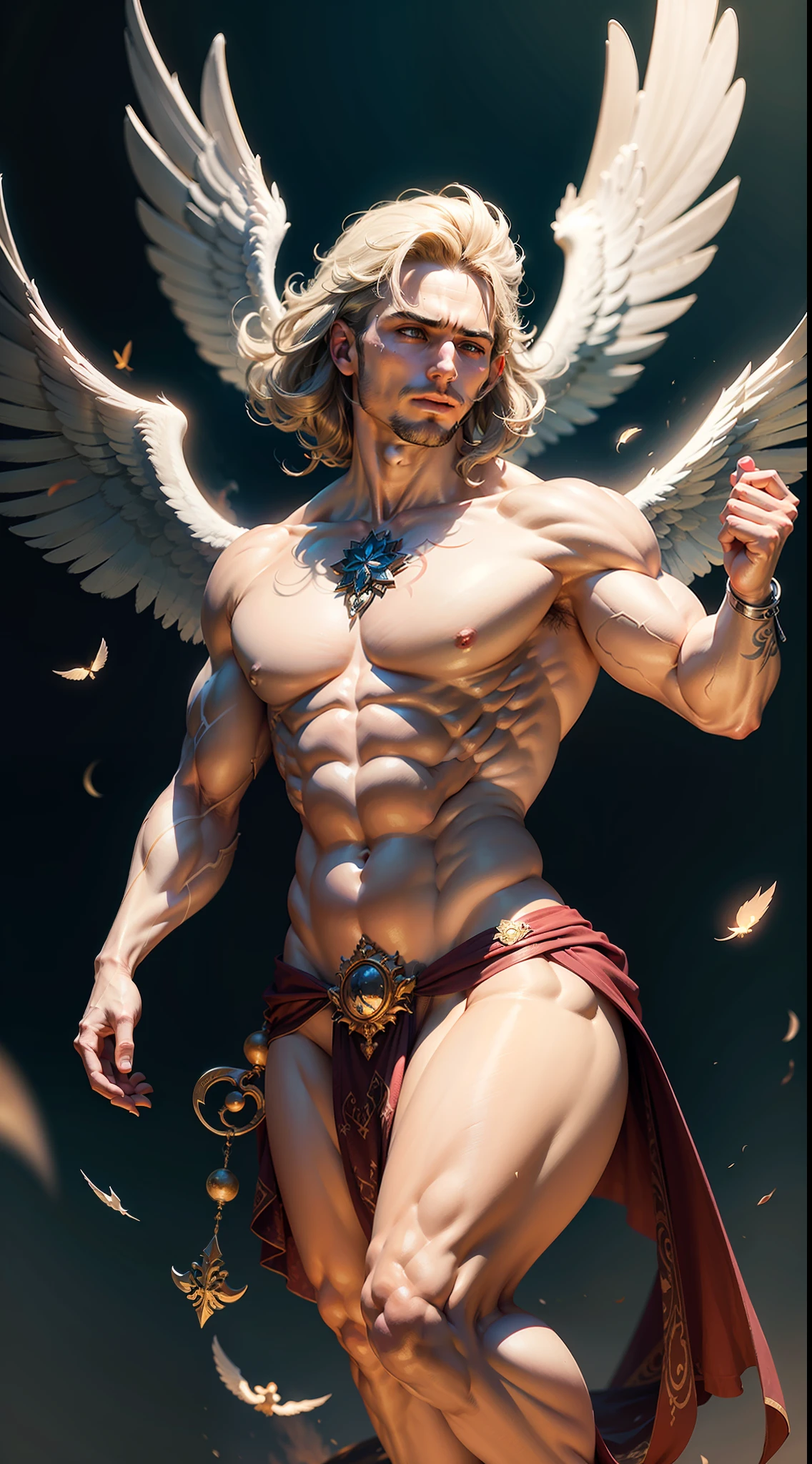 A flying angel looking to the right side with his right hand extended upwards towards something bright, perna esquerda levemente dobrada e a perna direita estendida, grandes asas brancas, corpo definido, sem roupa, only in the loincloth, deus grego, corpo inteiro, com o rosto virado para o lado direito, Full Body Head to Toe, voando, flutuando, rosto de perfil