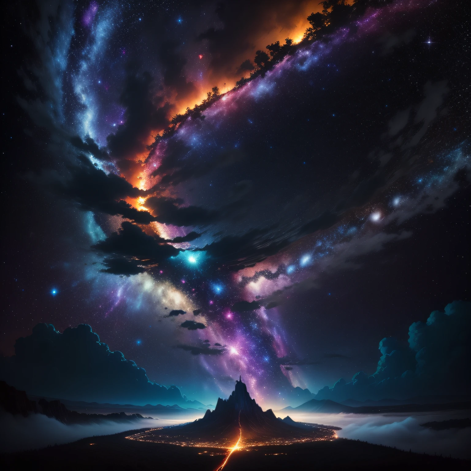 A vibrant galaxy sky filled with a kaleidoscope of colors, a towering tree silhouetted against the night, a dramatic atmosphere of swirling clouds, a majestic flying island, and a cascading waterfall.