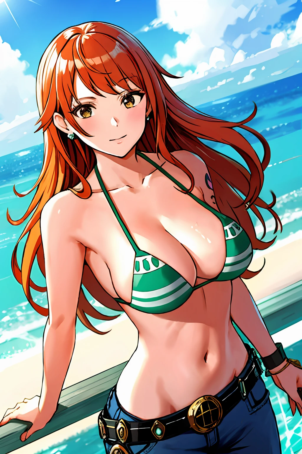 detailed background, masterpiece, 4k, best quality, adult, wrestler, 1girl, active, energic, uppercut, (large mouth) , solo, nami \(one piece\), 1girl, bangle, wet, soaked in sweat, perfect detailed face, bold drawing lines, muscular arms, detailed bold arm lines, flat jaw, adult woman, wavy wide streaked bangs, floating bang streaks, (big cheeks), bare shoulders, off-shoulders, belt, bikini, bikini top only, blue sky, bracelet, springy breasts, breast lines, big round eyes, plain big brown shiny eyes, bubble, high eye position, cleavage, cloud, day, denim, earrings, floating hair, shiny hair, green belt, green bikini, bold groin lines, jeans, jewelry, medium breasts, log pose, long hair, looking at viewer, navel, wet hair, orange hair, pants, shoulder tattoo, sidelocks, sky, solo, standing, stomach, swimsuit, tattoo , looking at viewer, open mouth, detailed left arm, big forehead, hourglass figure, small head, very happy, laughing, toned body, wide hair, wind effect, sun effect, under the sun, narrow small ears angle, older, random poses, tired