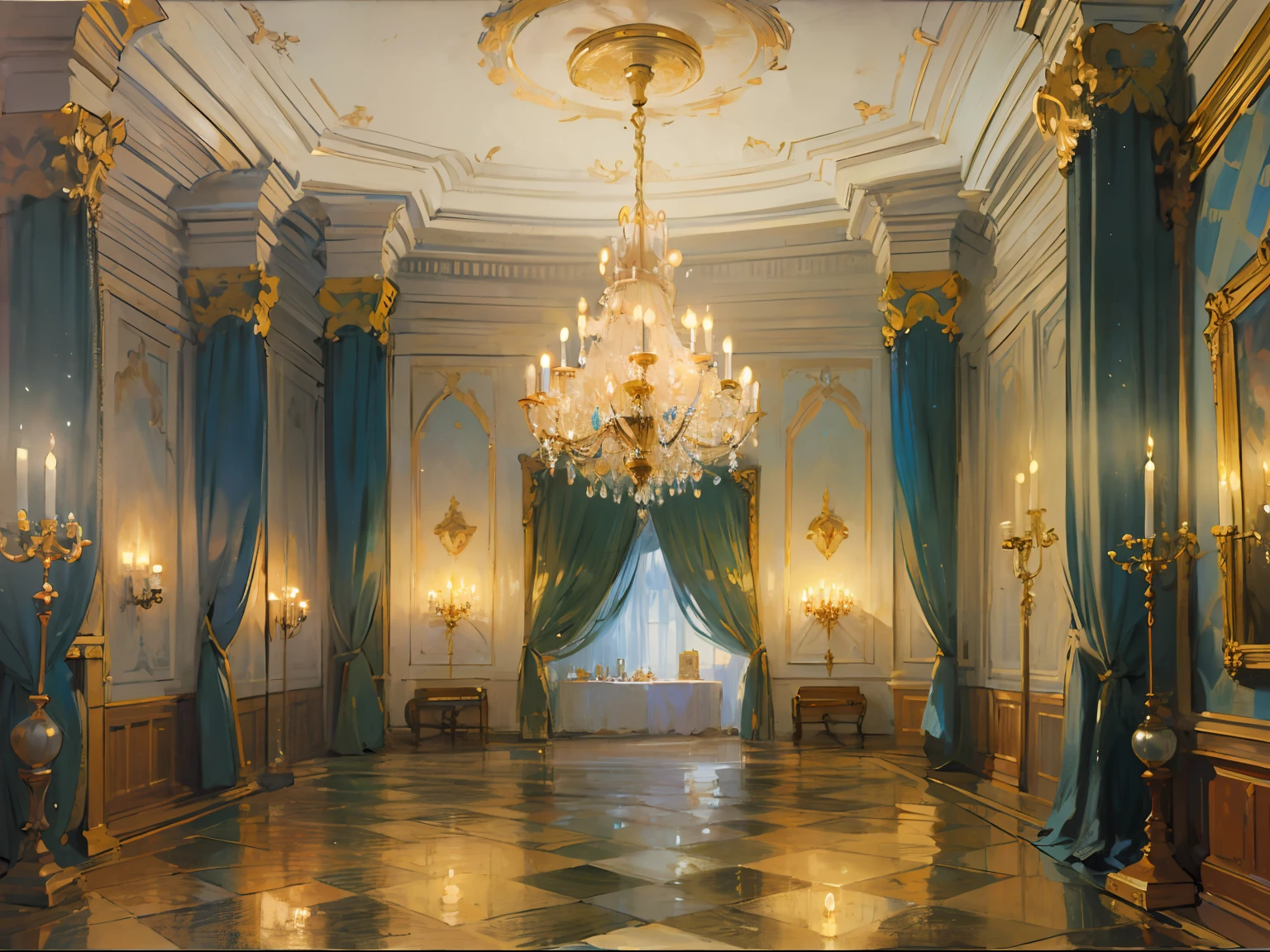 ((Ballroom)), ((candles)), (columns), chandeliers), (crystal), (marble), (gold details), (curtains), (19 century), (Renoir), (many), (oil painting), (Sketch)