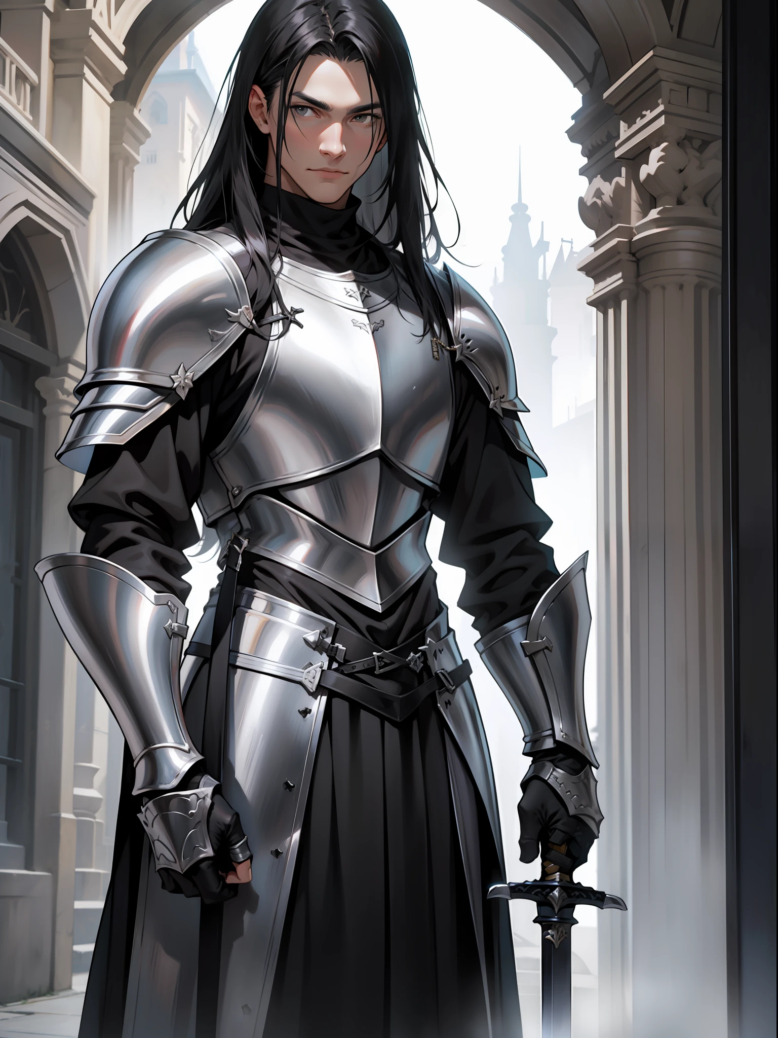 tall male knight, long black hair, silver and black armour, holding a long sword