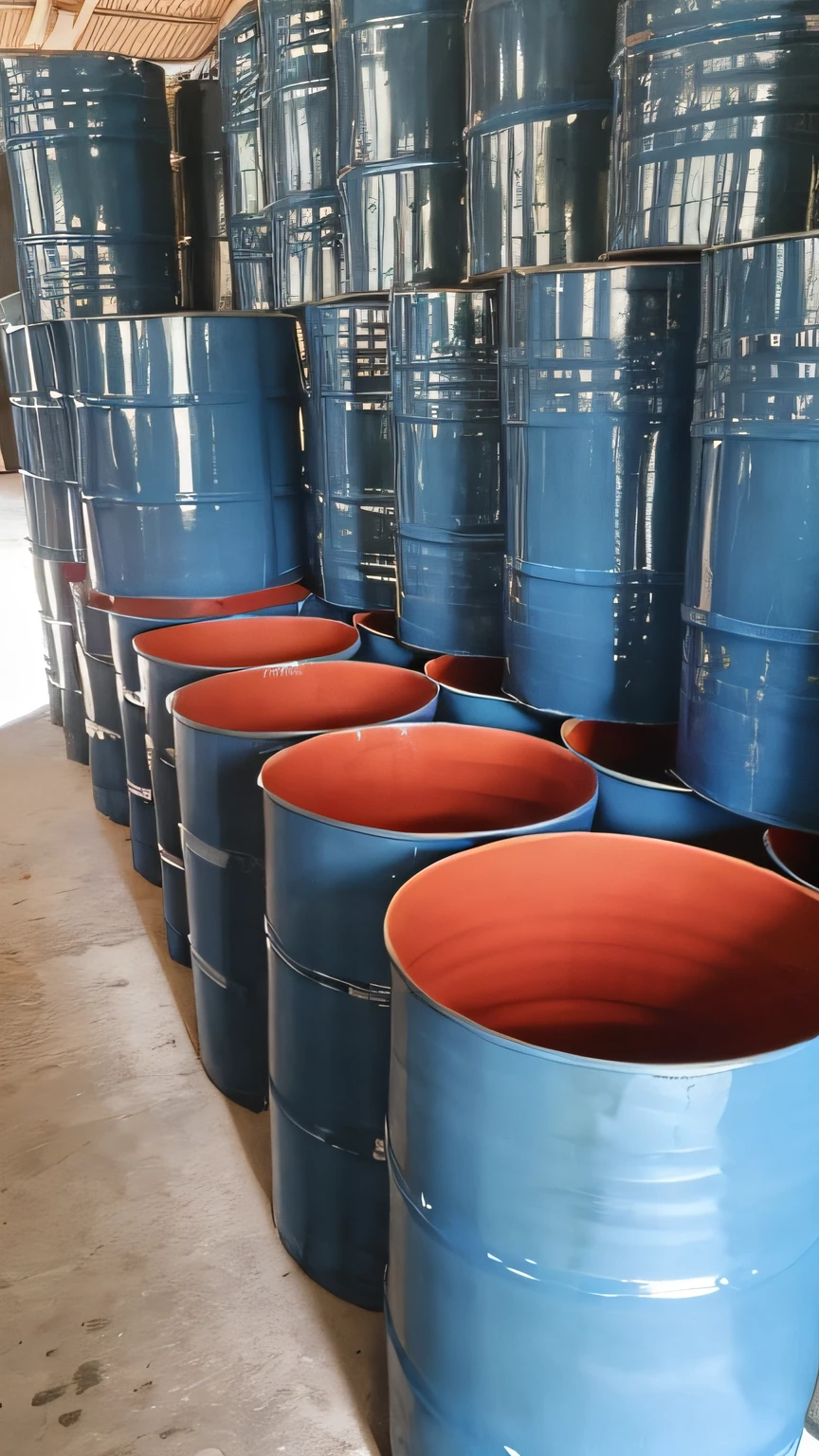 Several blue barrels are lined up in a row