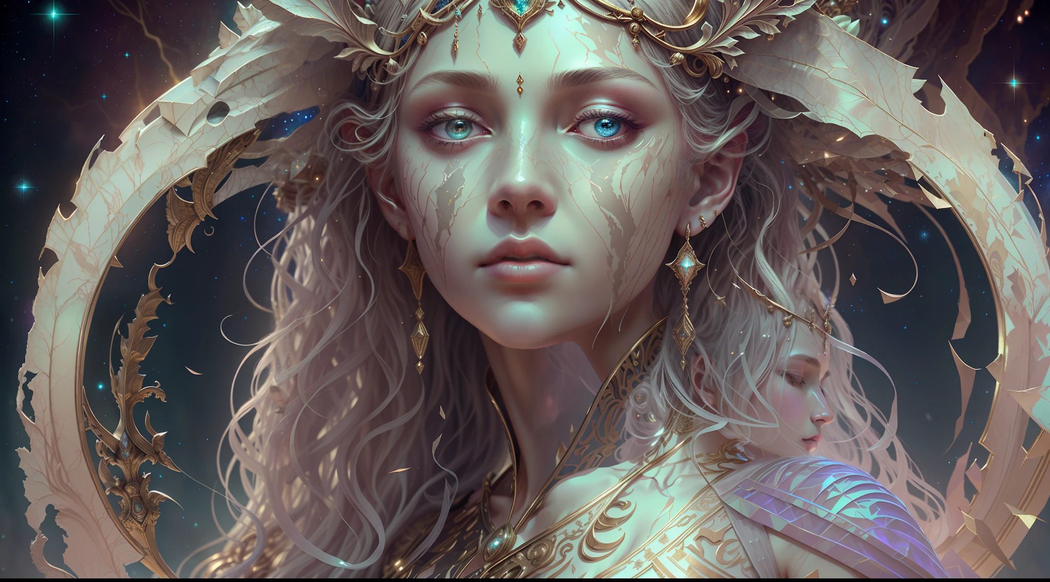 Eldridge, the harsh ancient god in the night storm, Cloaked in a starry sky, [[Sophia Anne Caruso]], [zendaya], Translucent ivory prosthetic Eldridge horror, Erotic pose, Closed eyes, Cinematic lighting, (By (Daniel Mernagh) (Carne Griffiths) Monika Nowak), Highly detailed, Detailed face, Soft body, Alien, a close up of a woman with a crown on her head, goddess close-up portrait, a stunning portrait of a goddess, Fantasy art Behance, Goddess. Extremely high detail, Trending ArtStation, Deviantart ArtStation CGSCOSIETY, extremely detailed goddess shot, trending on artstation 4k, 3 d goddess portrait, hindu aesthetic, Trend at Artstation