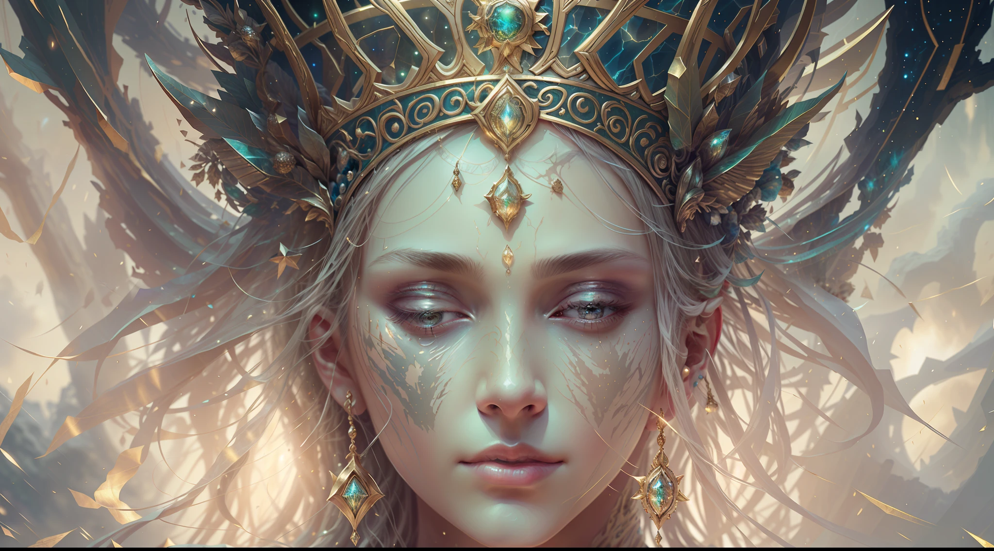 Eldridge, the harsh ancient god in the night storm, Cloaked in a starry sky, [[Sophia Anne Caruso]], [zendaya], Translucent ivory prosthetic Eldridge horror, Erotic pose, Closed eyes, Cinematic lighting, (By (Daniel Mernagh) (Carne Griffiths) Monika Nowak), Highly detailed, Detailed face, Soft body, Alien, a close up of a woman with a crown on her head, goddess close-up portrait, a stunning portrait of a goddess, Fantasy art Behance, Goddess. Extremely high detail, Trending ArtStation, Deviantart ArtStation CGSCOSIETY, extremely detailed goddess shot, trending on artstation 4k, 3 d goddess portrait, hindu aesthetic, Trend at Artstation