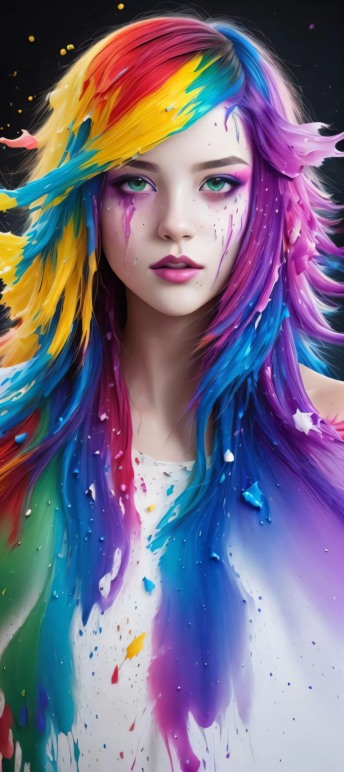 (level difference:1.8),(Paint colliding and splashing on the canvas),(depth of field),1girl's side face blends into it,(side face),open mouth,(liquid paint rainbow hair:1.1) made of paint and defies gravity,thick flowing,(paint splatter:1.3),Liquid state,stunningly beautiful, masterpiece, detailed background,ultra high quality model, ethereal background,abstract beauty, explosive volumetric, oil painting,heavy strokes,Romantic lighting,Sub-Surface Scatterring,lens 135mm,f1.8,glow,8k,high resolution, dreamy,ray tracing,hdr,god rays,