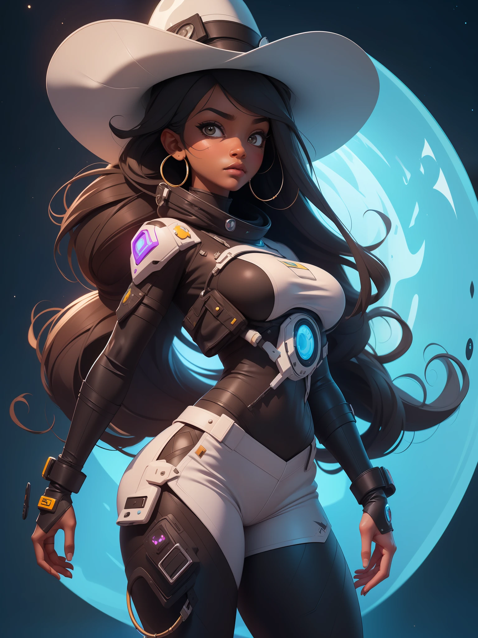 obra prima, melhor qualidade, proporcional, ultra detalhada, (uma linda mulher negra, cowgirl do oeste selvagem, de cabelos grossos), abordo de uma nave espacial, sci-fi, futurista, detalhado, 8k, artstation, proportion Aurea