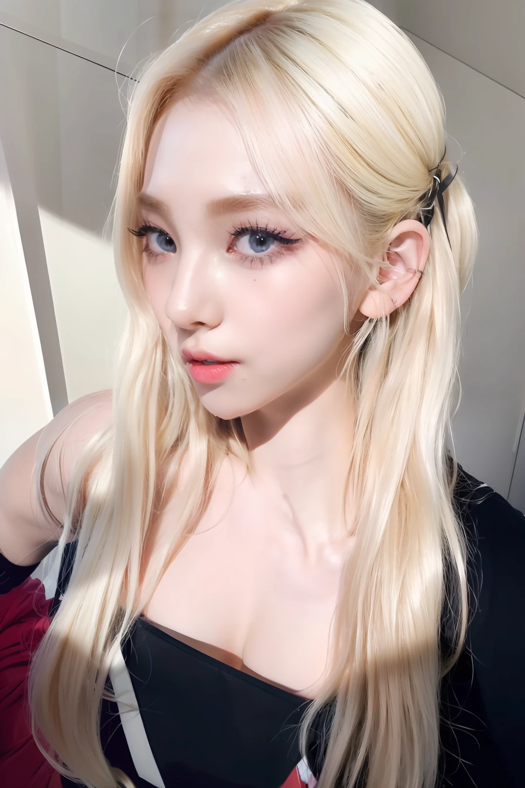 (8k, 4k, best quality, highres, ultra high res:1.1), (masterpiece, realistic, photo-realistic:1.1), 1girl,  face, close-up, twintails, blonde hair, black eyes, red lips,  (looking at viewer:2), absurdly long hair, long eyelashes, eyeshadow,  small face, big eyes,
bare shoulders,
high contrast,