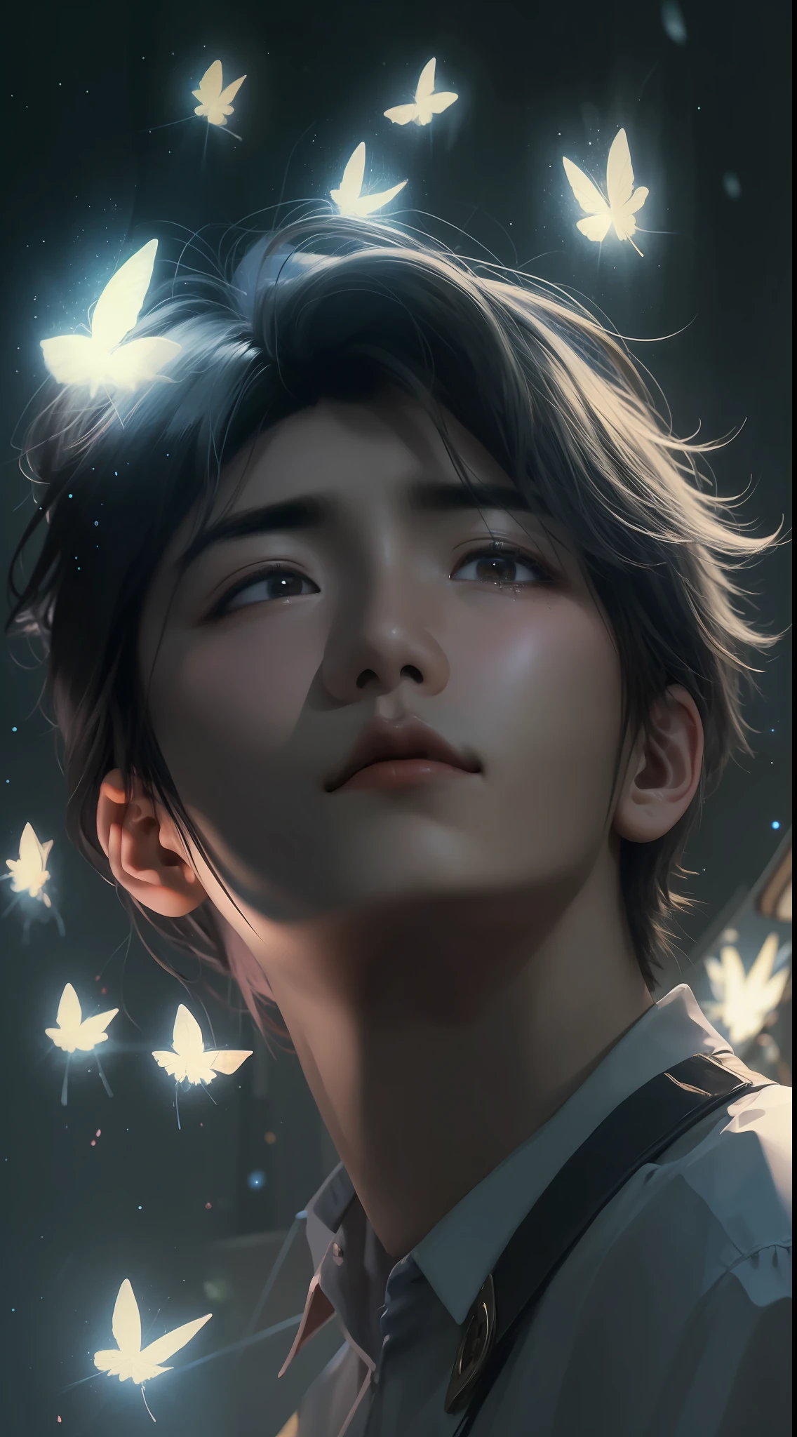 Handsome Sad Korean Guy looking up at the sky for hope, dreamy night's, fireflies environment, upscaled, hyperrealism