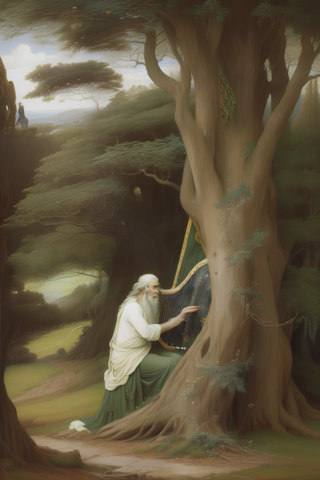 (((Pre-Raphaelite painting of an old yew tree The white-bearded old druid plays a Celtic harp under an ancient yew twisted by time, velhice, bardo, Teixo)))