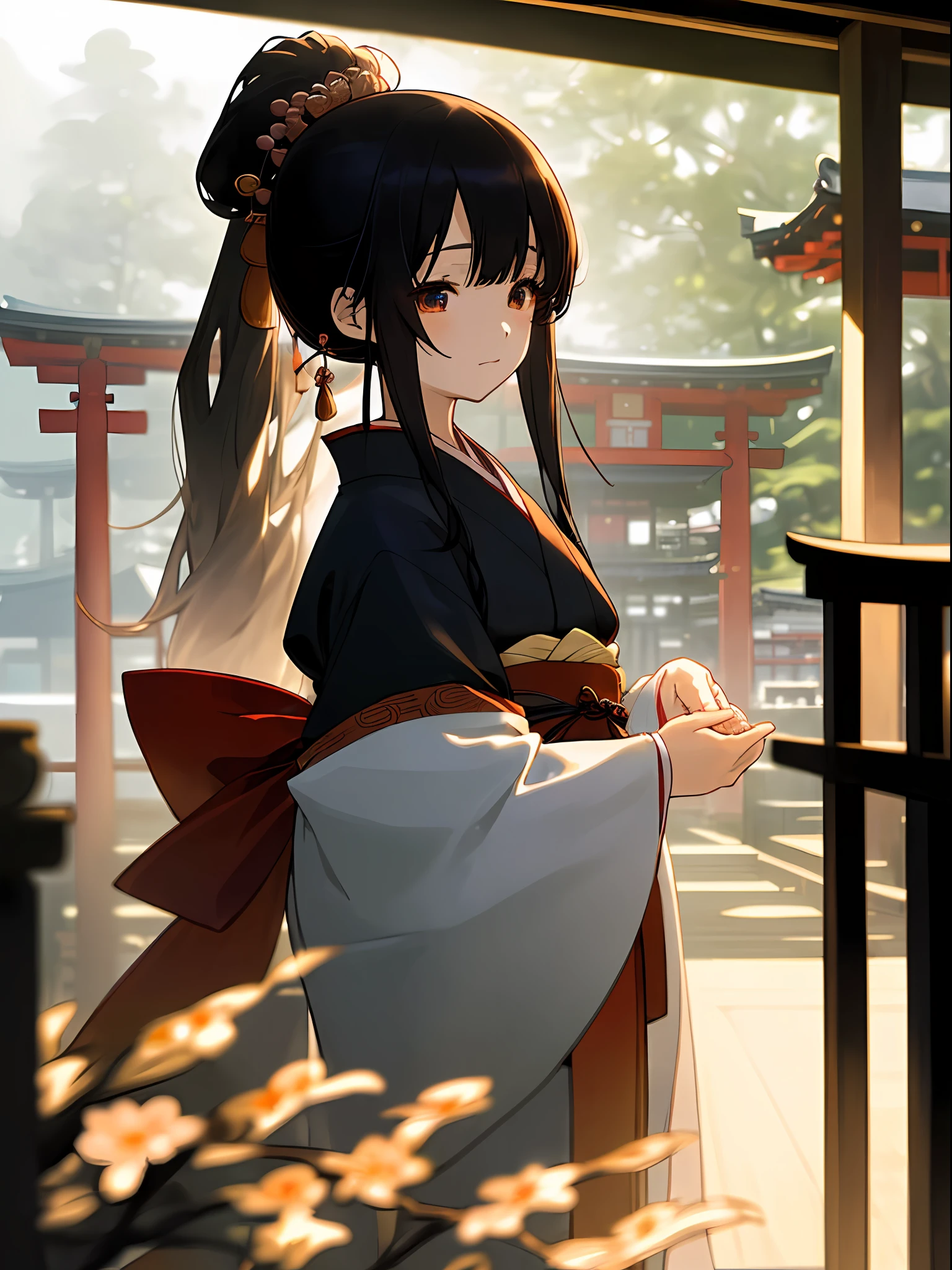 (masterpiece、top-quality)、1 girl with long white hair、Warm lighting、blurred foreground、Mature girl、A Japanese Lady、Long Black Hair、Do not tie your hair back、No ponytail、A slight smile、Colorful Japan kimono、Nishijin Ori、Delicate and smart eyes、Japanese houses、intricate damask hanfu、Luxury accessories、FOV、F1.8、masterpiece、complex scenes、Diagonal portrait shot、