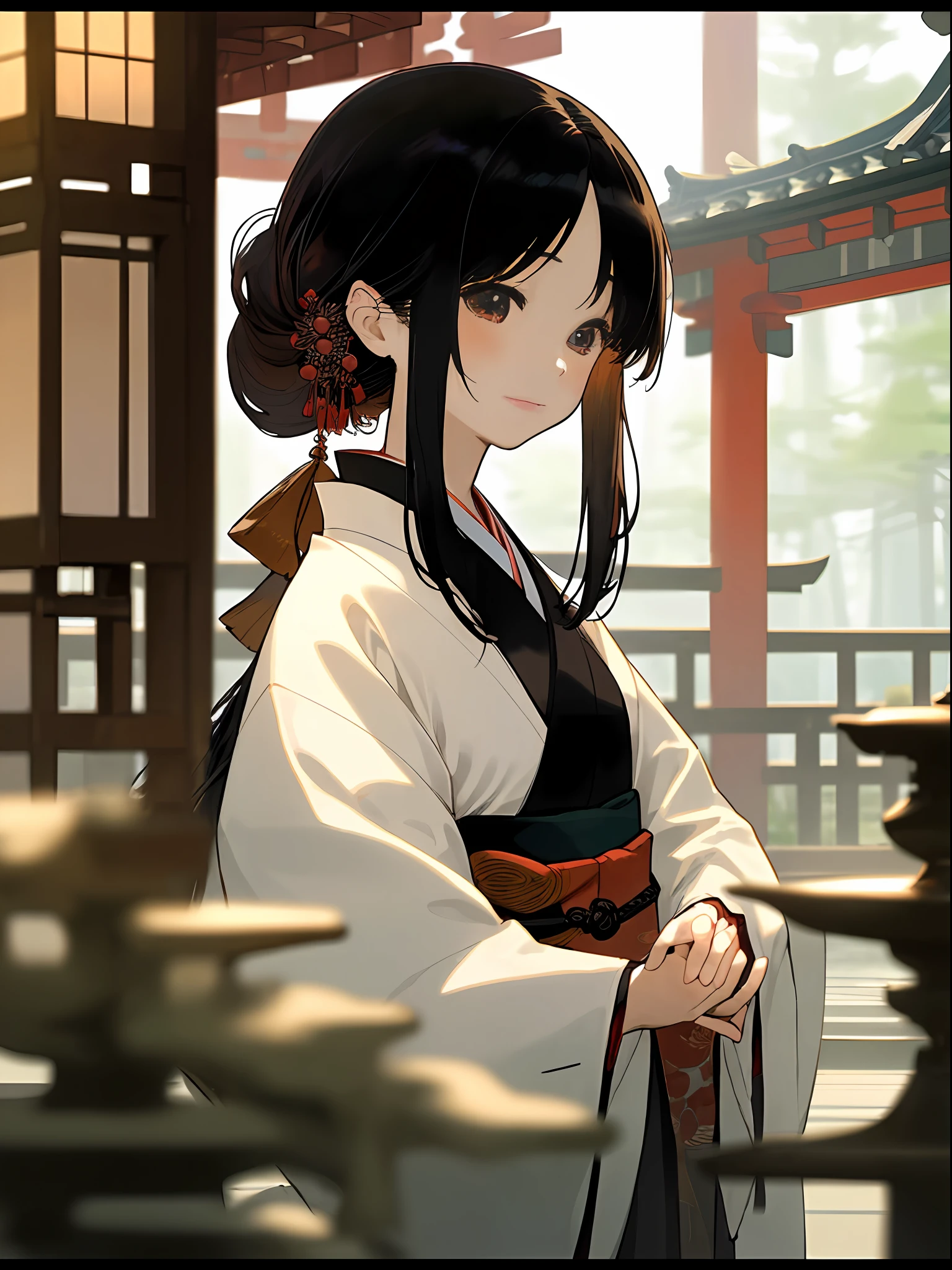 (​masterpiece、top-quality)、1 girl with long white hair、Warm lighting、blurred foreground、Mature girl、A Japanese Lady、Long Black Hair、Do not tie your hair back、No ponytail、A slight smile、Colorful Japan kimono、Nishijin Ori、Delicate and smart eyes、Japanese houses、intricate damask hanfu、Luxury accessories、FOV、F1.8、​masterpiece、complex scenes、Diagonal portrait shot、