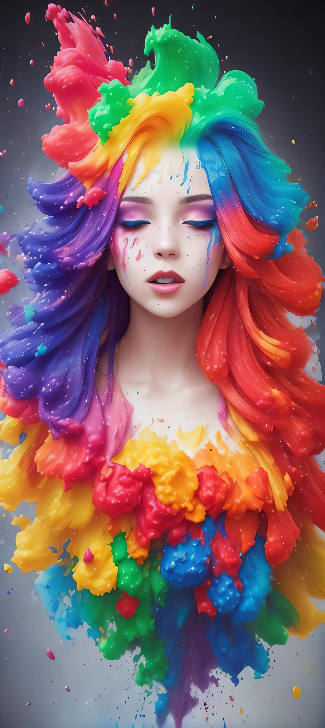 (level difference:1.8),(Paint colliding and splashing on the canvas),(depth of field),1girl's side face blends into it,(side face),open mouth,(liquid paint rainbow hair:1.1) made of paint and defies gravity,thick flowing,(paint splatter:1.3),Liquid state,stunningly beautiful, masterpiece, detailed background,ultra high quality model, ethereal background,abstract beauty, explosive volumetric, oil painting,heavy strokes,Romantic lighting,Sub-Surface Scatterring,lens 135mm,f1.8,glow,8k,high resolution, dreamy,ray tracing,hdr,god rays,