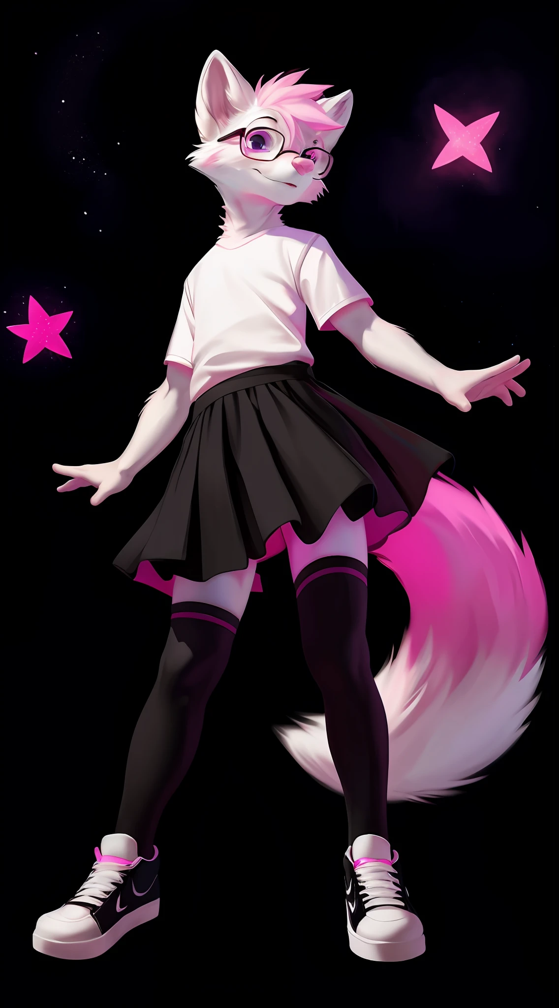 uploaded on e621, by Cory Loftis, by Chunie, by Kentowan, from side, (dynamic angle), solo,1 boy, adorable white fox (male), white fur, pink nose, pink short hair , standing, purple eyes, highly detailed eyes, wearing a black shirt, black rounded glasses, black skirt, black stockings and black sneakers, teasing, pink stars tatto, looking at viewer (pink backlighting:), (pink  lighting), masterpiece, highres, (black background, night), colorful, aesthetically pleasing.