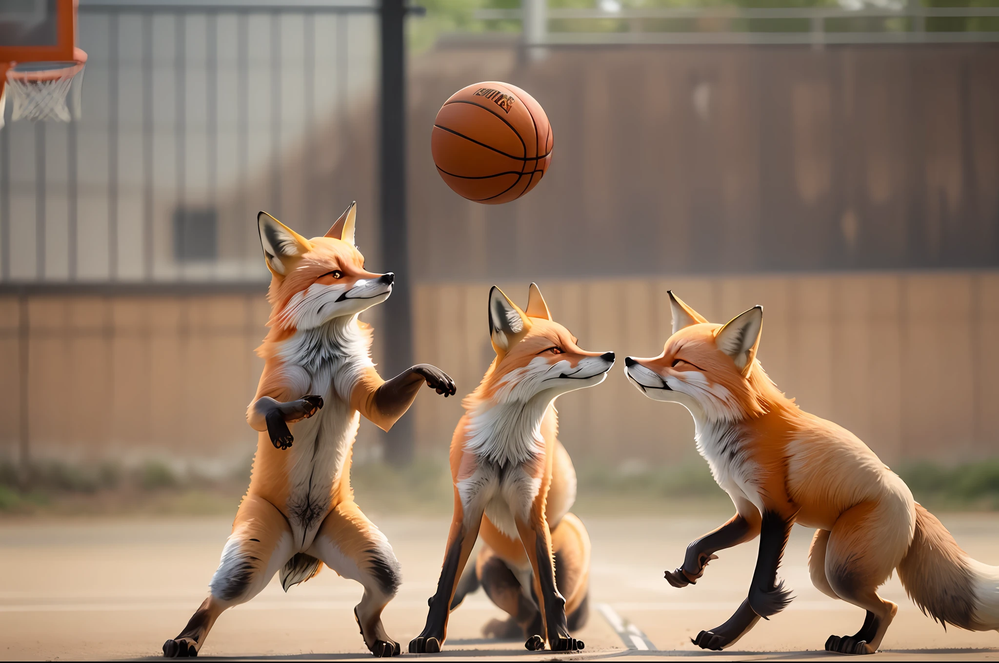 (group of foxes:1.2) playing basketball