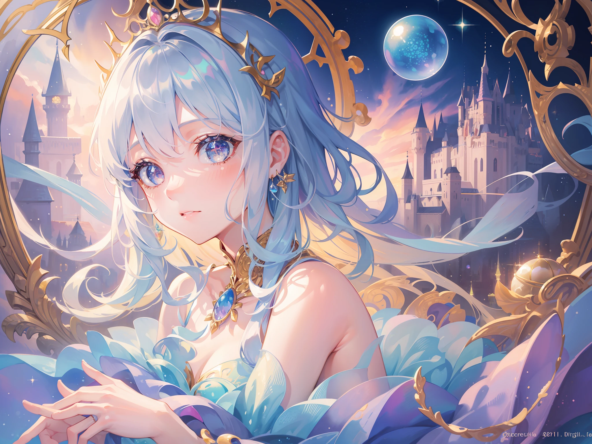 masterpiece, best quality, 8k resolution, sharp focus, intricate detail, beautiful girl, sparkling eyes, golden ratio face, otherworldly liquid, watercolor, ((pastel colors)), bright colors, whimsical, colorful, sharp focus, high resolution, fine detail, princess fantasy ballgown, ((round eyes)), iridescent bubbles, castle landscape in background