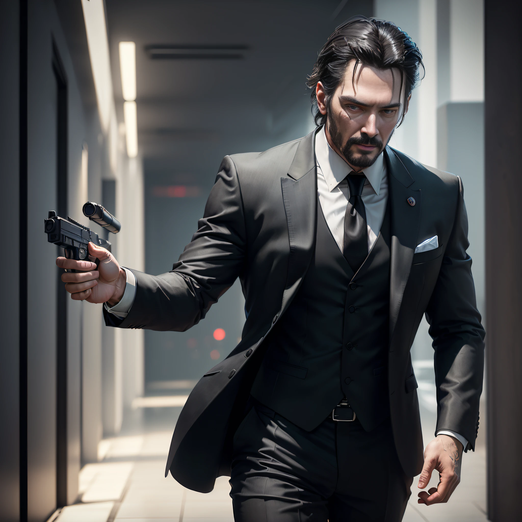 there is a man in a suit holding a gun in a hallway, elegant cinematic pose, unreal engine character art, detailed cinematic render, cinematic render unreal engine, photorealistic cinematic render, 3 d render character art 8 k, fps shooter game, solo performance unreal engine, in the john wick movie, realistic cinematic shot, portrait of john wick, from the new john wick movie