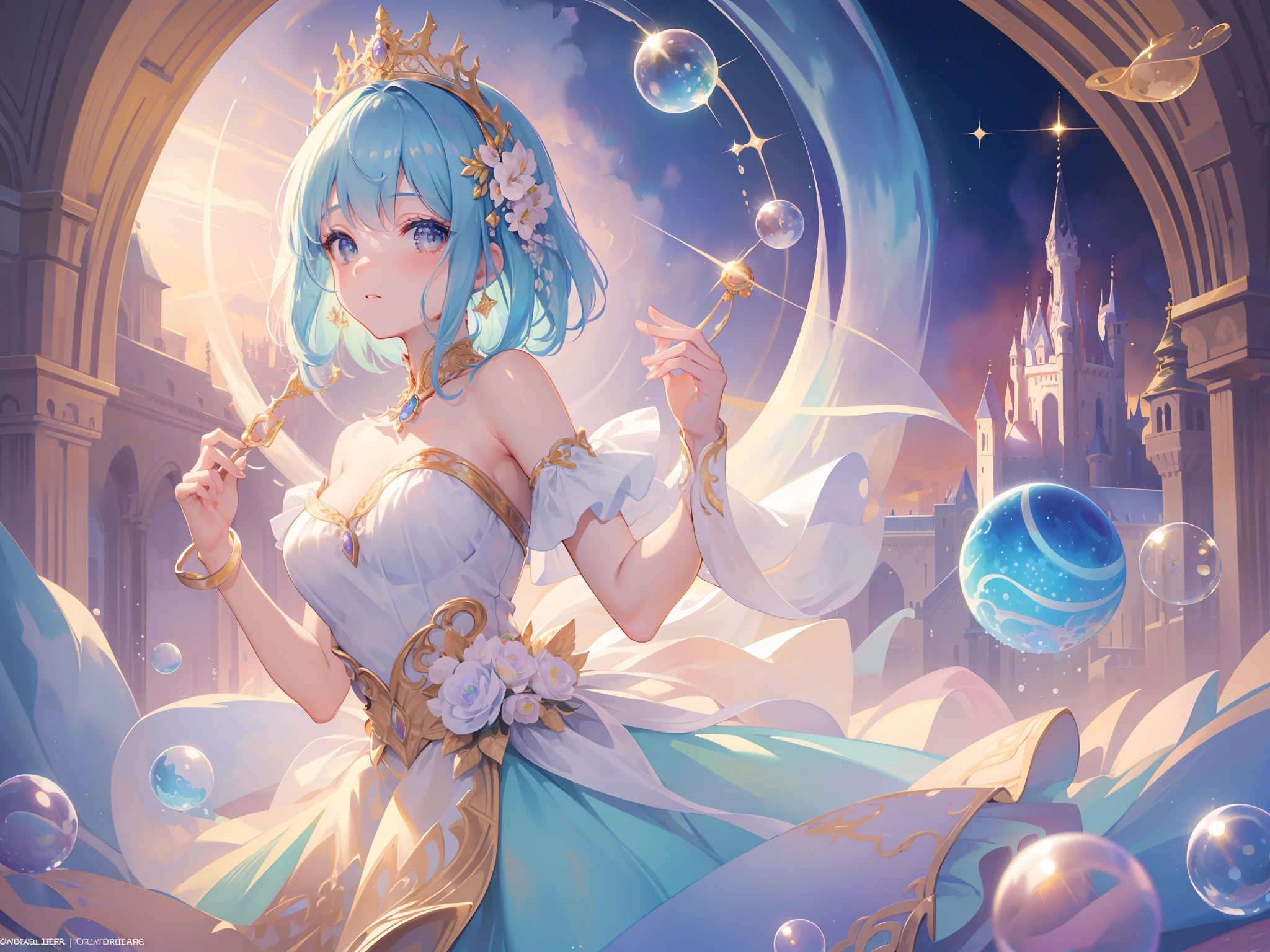 masterpiece, best quality, 8k resolution, sharp focus, intricate detail, beautiful girl, sparkling eyes, golden ratio face, otherworldly liquid, watercolor, ((pastel colors)), bright colors, whimsical, colorful, sharp focus, high resolution, fine detail, princess fantasy ballgown, ((round eyes)), iridescent bubbles, castle landscape in background
