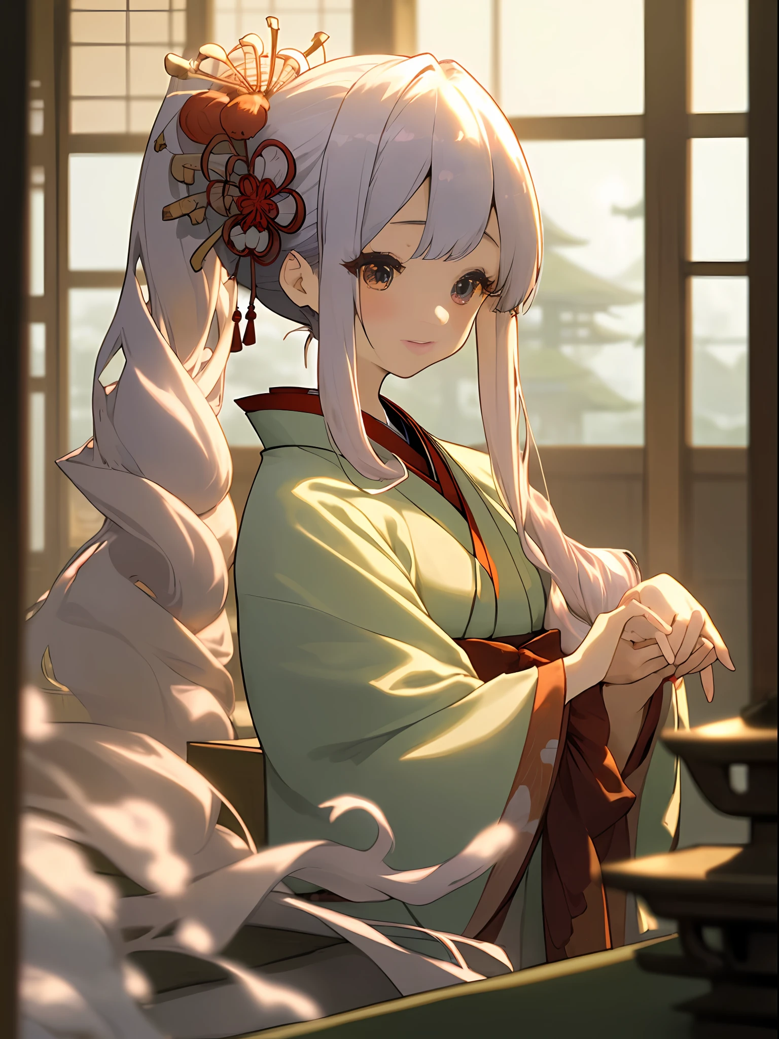 (masterpiece、top-quality)、1 girl with long white hair、Warm lighting、blurred foreground、Mature girl、A Japanese Lady、Do not tie your hair back、No ponytail、A slight smile、Colorful Japan kimono、Nishijin Ori、Delicate and smart eyes、Japanese houses、intricate damask hanfu、Luxury accessories、FOV、F1.8、masterpiece、complex scenes、Diagonal portrait shot、