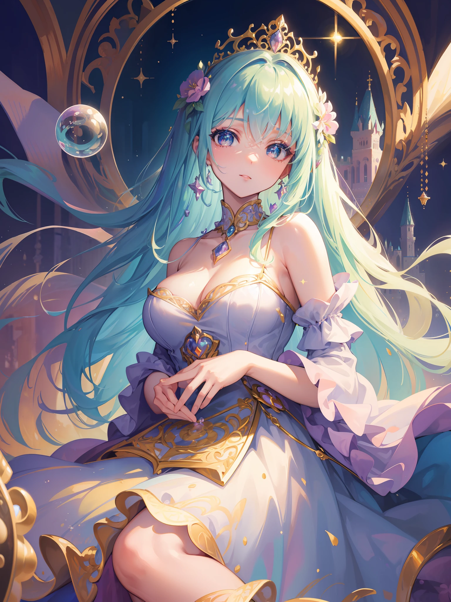 masterpiece, best quality, 8k resolution, sharp focus, intricate detail, beautiful girl, sparkling eyes, golden ratio face, otherworldly liquid, watercolor, ((pastel colors)), bright colors, whimsical, colorful, sharp focus, high resolution, fine detail, princess fantasy ballgown, ((round eyes)), iridescent bubbles, castle landscape in background